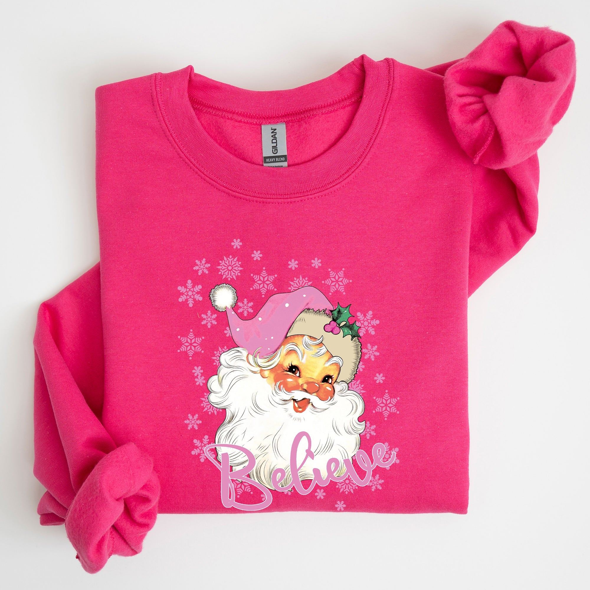 Believe, Pink Santa, Snowflakes, Christmas, Winter, Snow, Xmas Sweatshirt