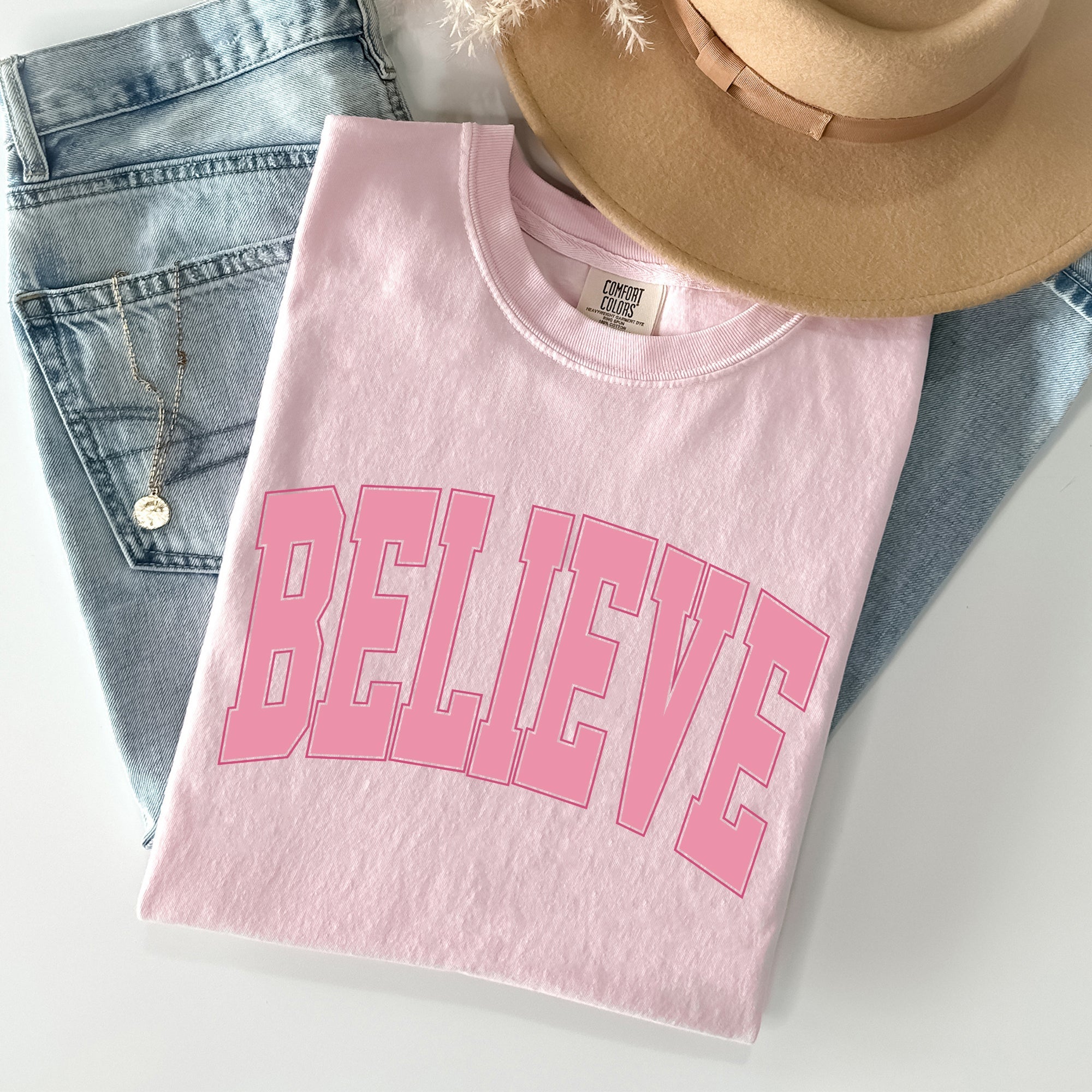 Believe, Varsity, Collegiate, Christmas, Santa, Winter, Xmas Tshirt Comfort Colors T-Shirt
