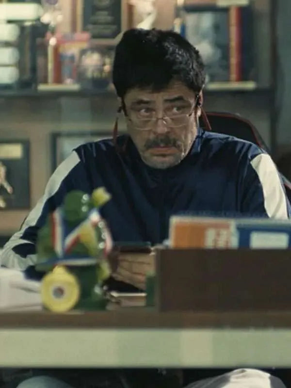 Benicio del Toro One Battle After Another Blue Jacket