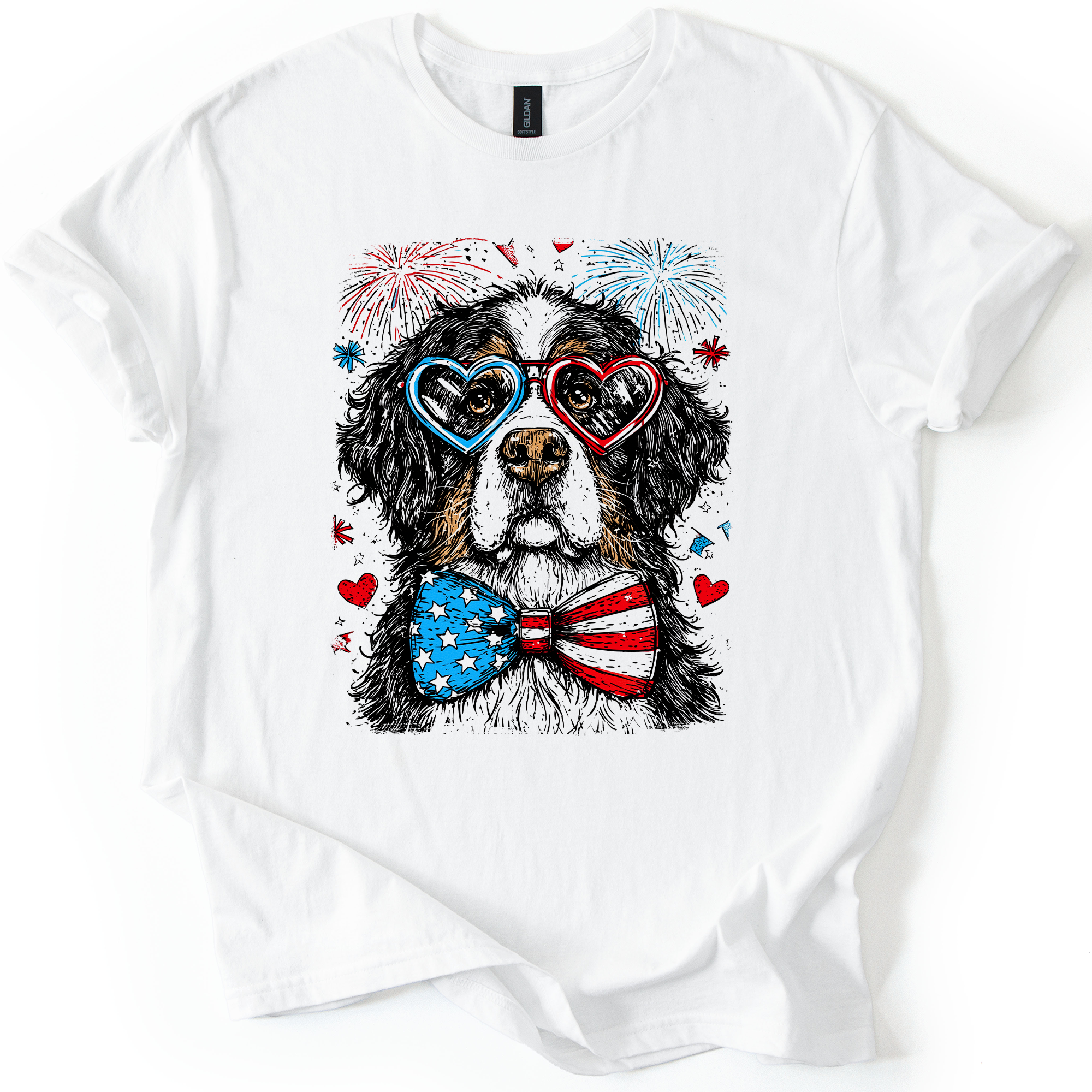 Bernese Mountain Patriotic Dog, USA, America, Pet Lover, 4th of July, Soft Style T-Shirt