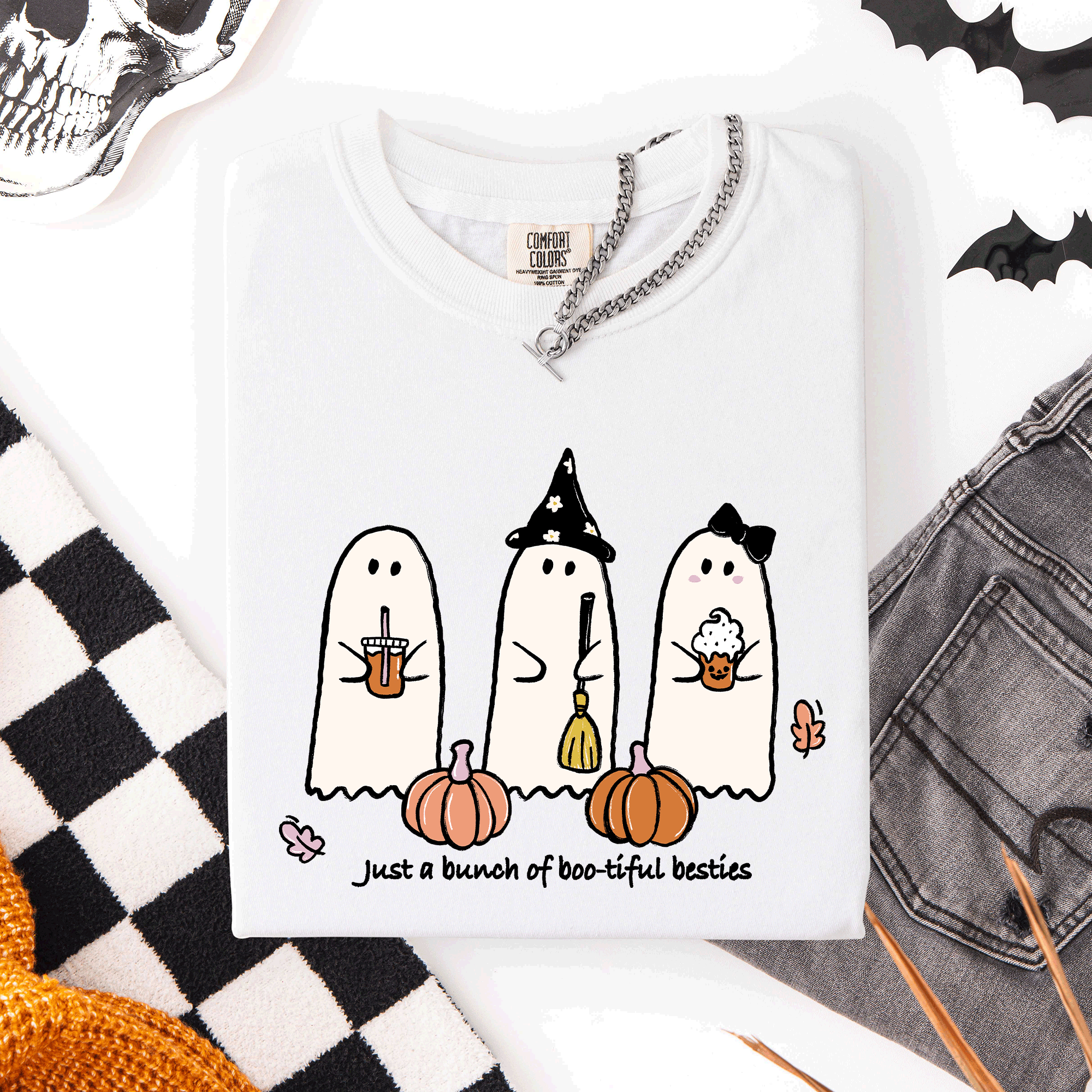 Besties, Halloween, Ghosts, Cute, Witch, Pumpkin, Comfort Colors T-Shirt