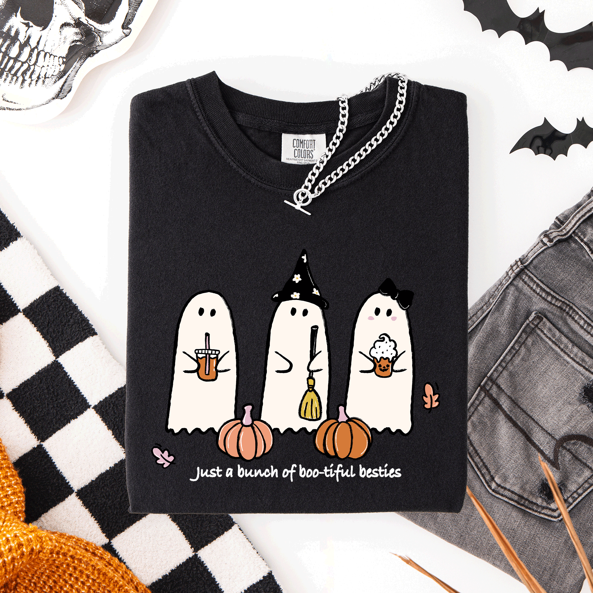 Besties, Halloween, Ghosts, Cute, Witch, Pumpkin, Comfort Colors T-Shirt