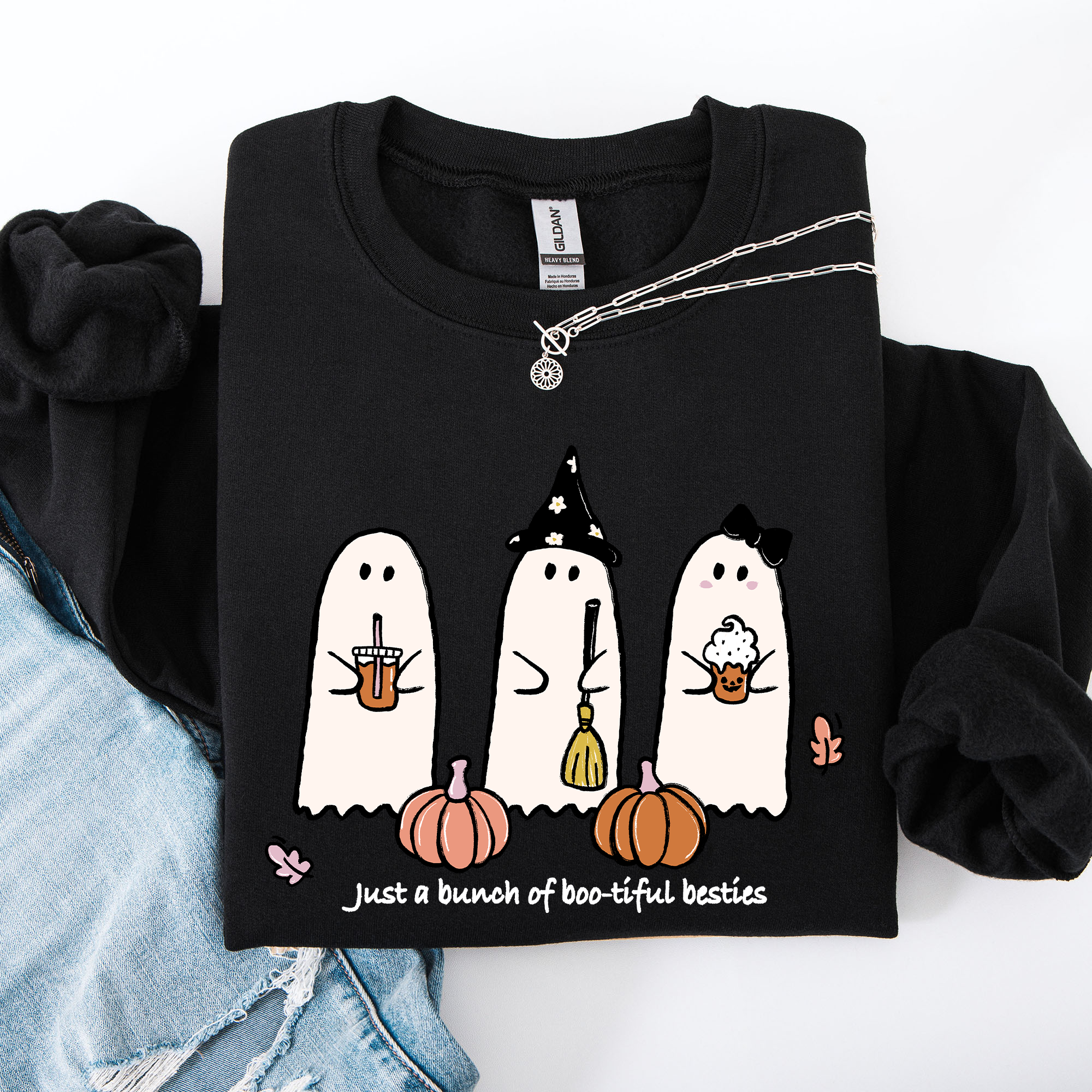 Besties, Halloween, Ghosts, Cute, Witch, Pumpkin Sweatshirt