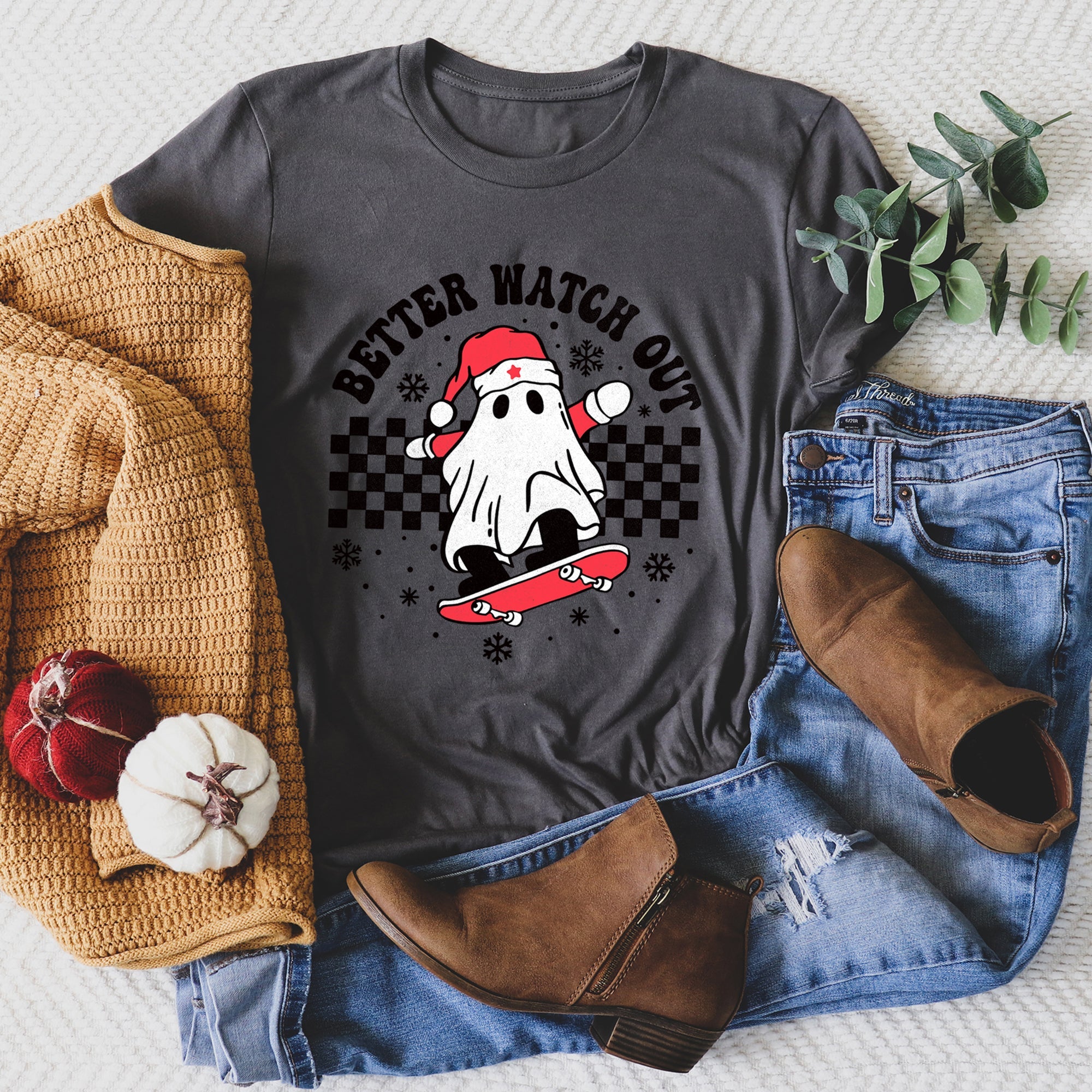 Better Watch Out, Ghost, Skateboard, Santa, Christmas, Retro Super Soft Tshirt