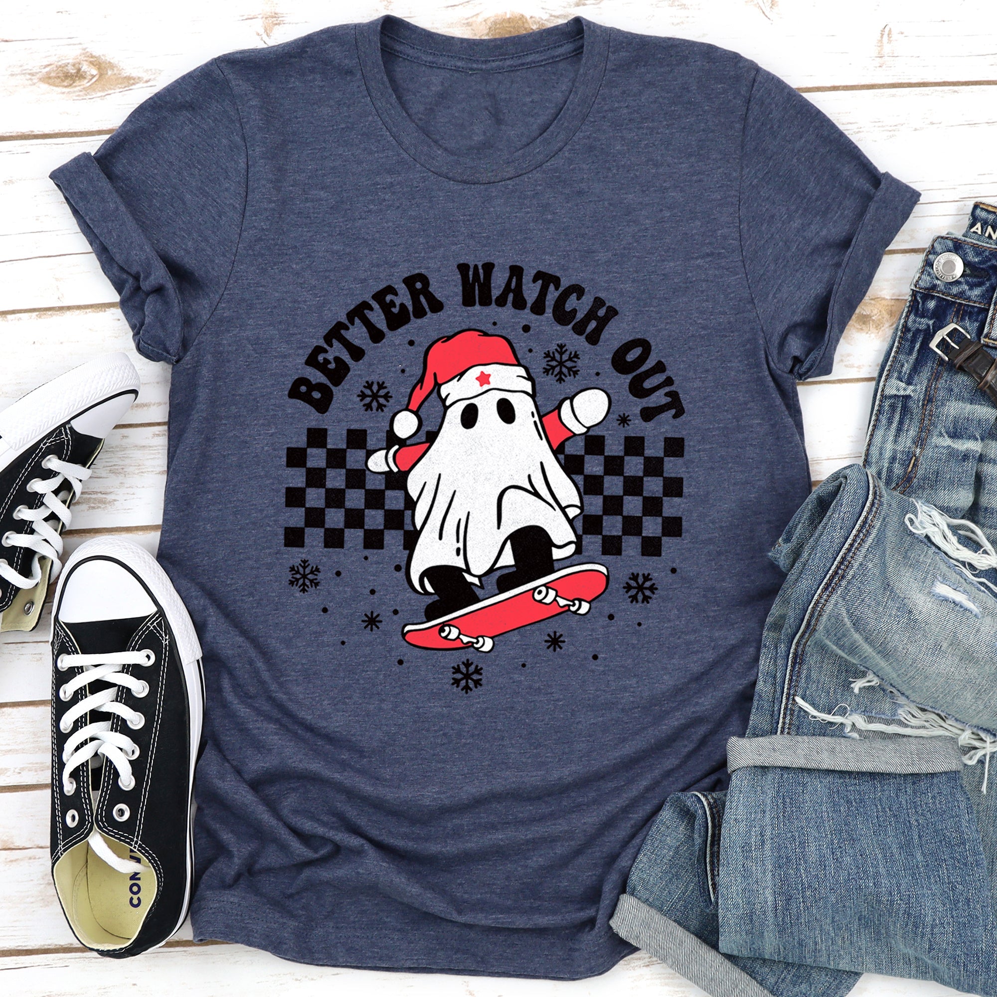 Better Watch Out, Ghost, Skateboard, Santa, Christmas, Retro Super Soft Tshirt