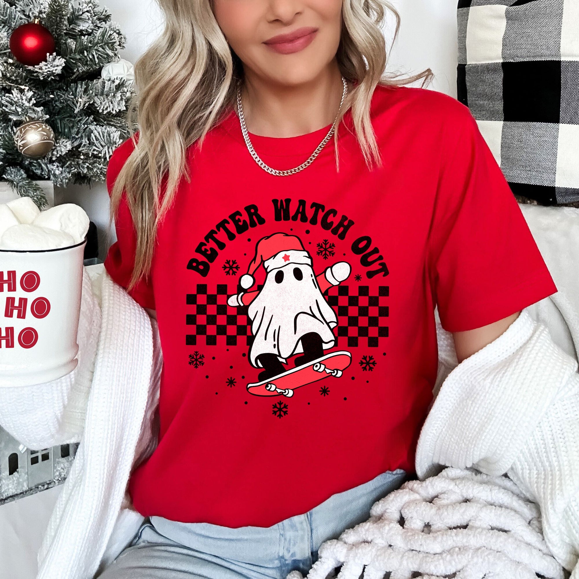 Better Watch Out, Ghost, Skateboard, Santa, Christmas, Retro Super Soft Tshirt
