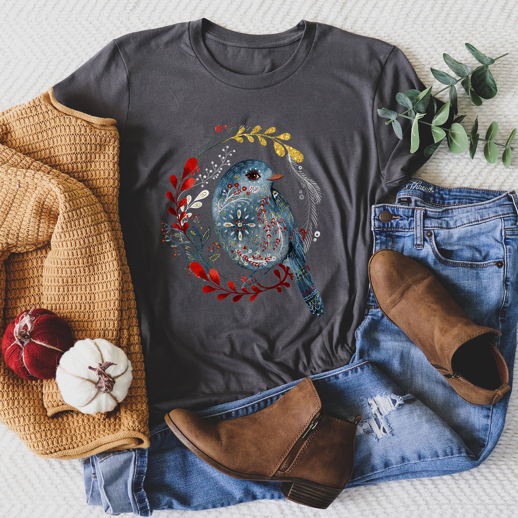 Bird, Folk Art, Scandinavian, Winter, Christmas Super Soft Tees