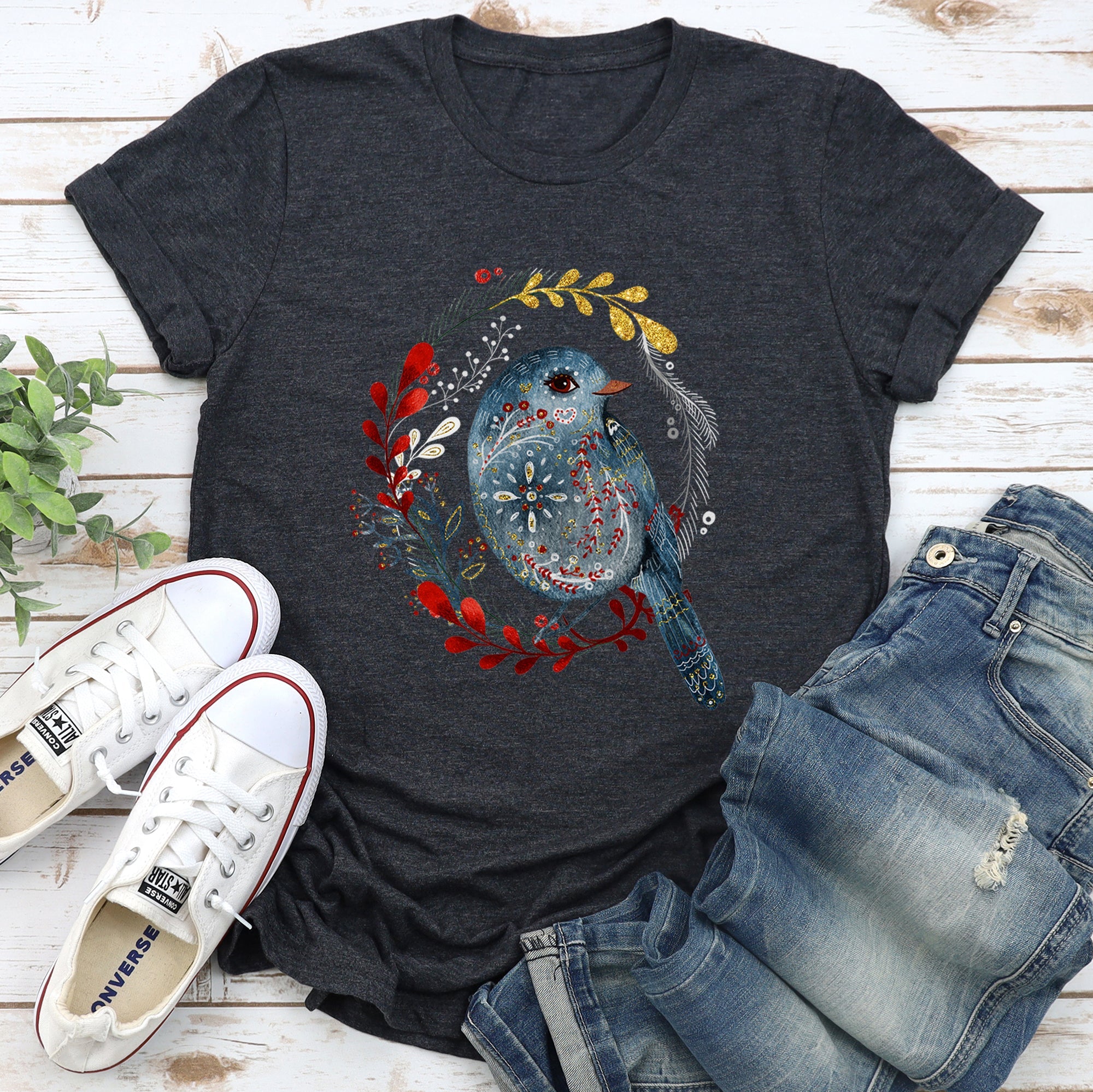 Bird, Folk Art, Scandinavian, Winter, Christmas Super Soft Tees