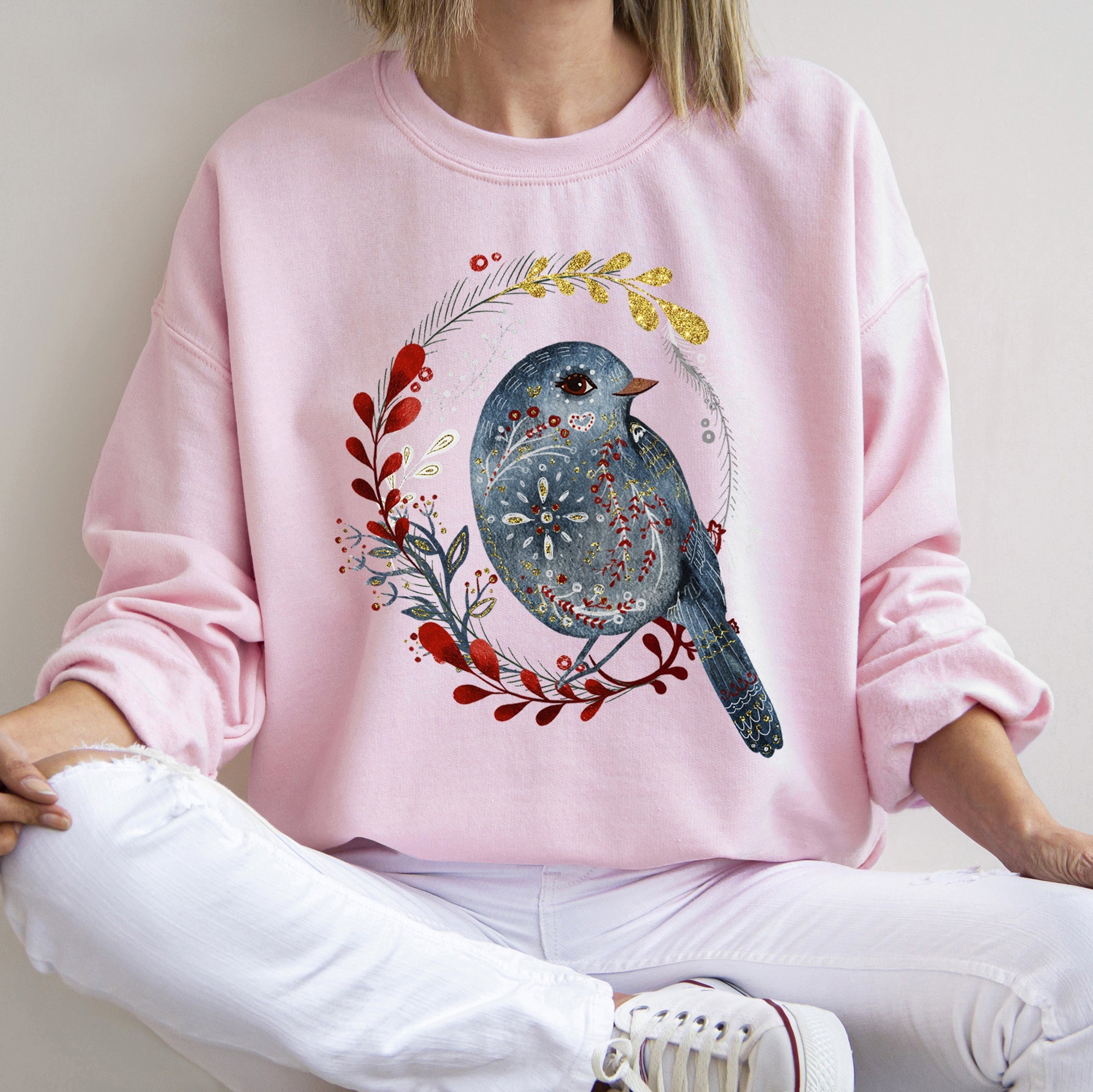 Bird Folk Art Scandinavian Winter Christmas Sweatshirt