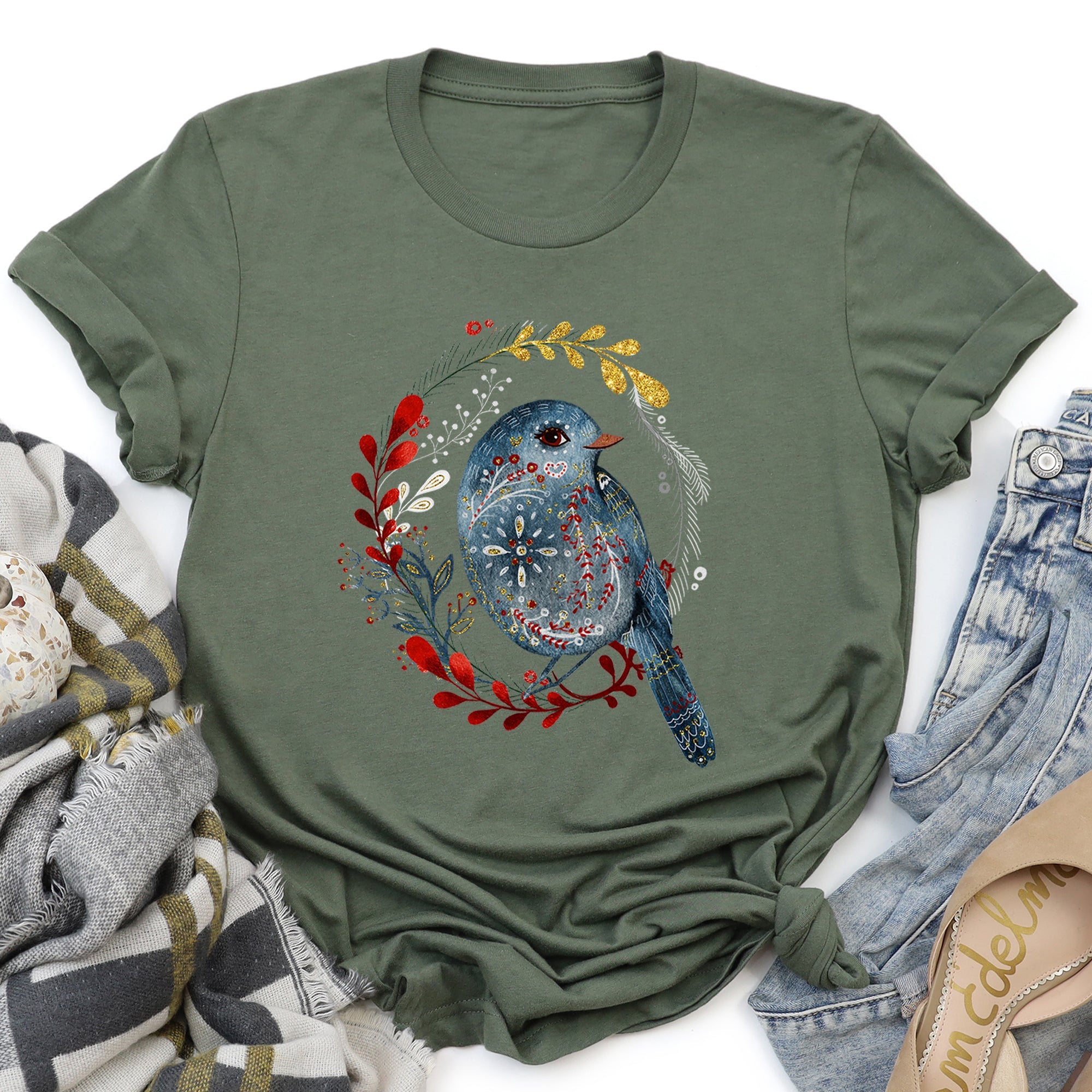 Bird, Folk Art, Scandinavian, Winter, Christmas Super Soft Tees