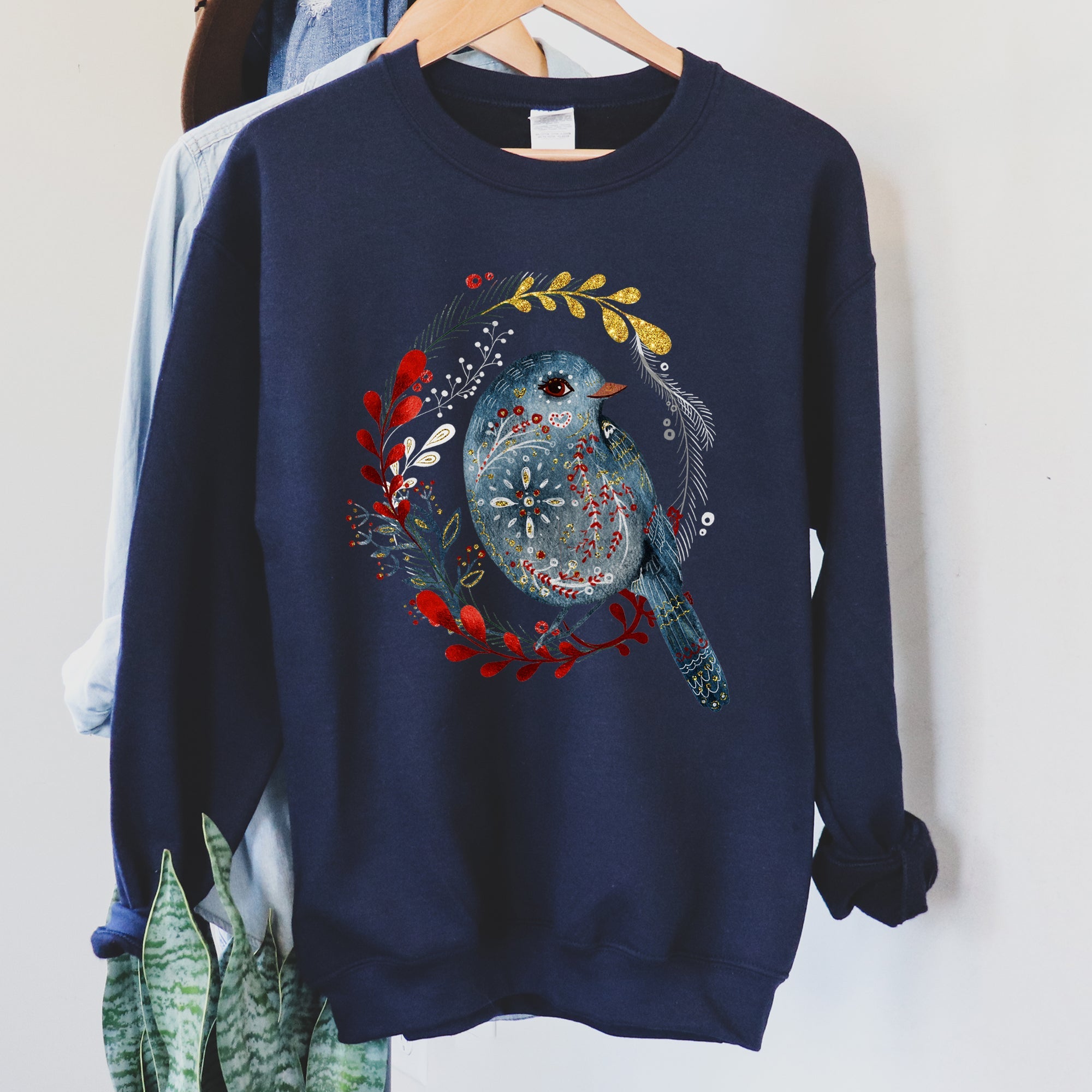 Bird Folk Art Scandinavian Winter Christmas Sweatshirt