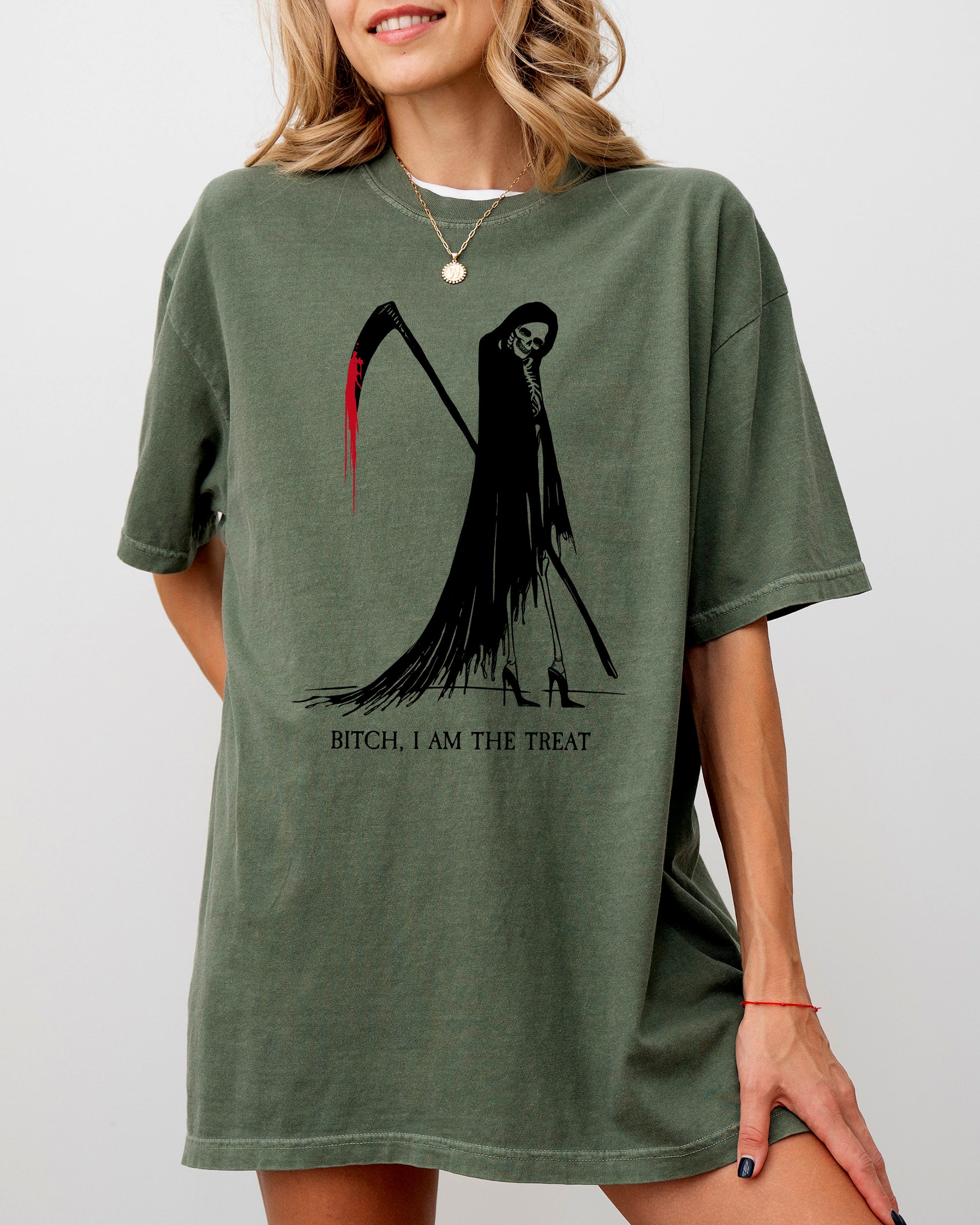 Bitch, I Am The Treat, Trick Or Treat, Death, Skeleton, Funny, Sexy, Witch, Crude, Sarcastic, Vulgar Shirt Comfort Colors T-Shirt