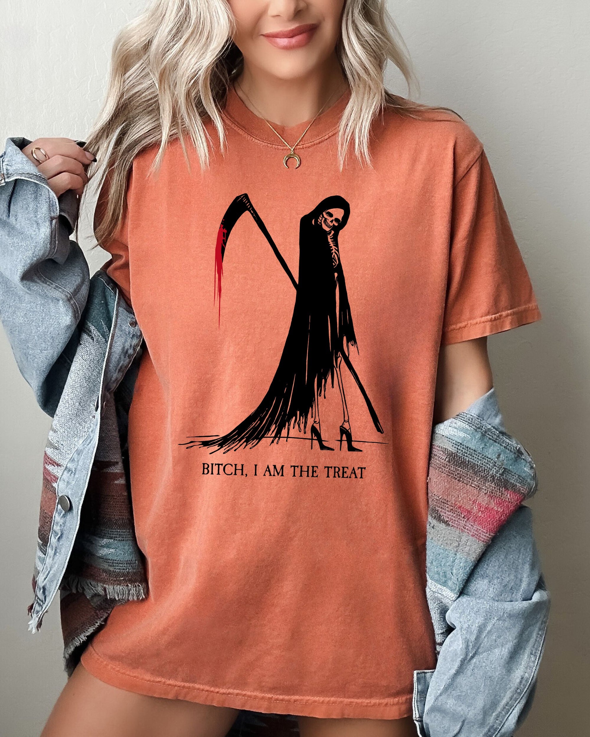 Bitch, I Am The Treat, Trick Or Treat, Death, Skeleton, Funny, Sexy, Witch, Crude, Sarcastic, Vulgar Shirt Comfort Colors T-Shirt