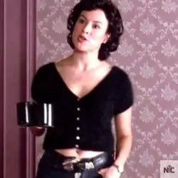 Black V-neck Sweater Worn in Cof­fee Scene of Vi­o­let (Jen­nifer Tilly) Clanton Jacket