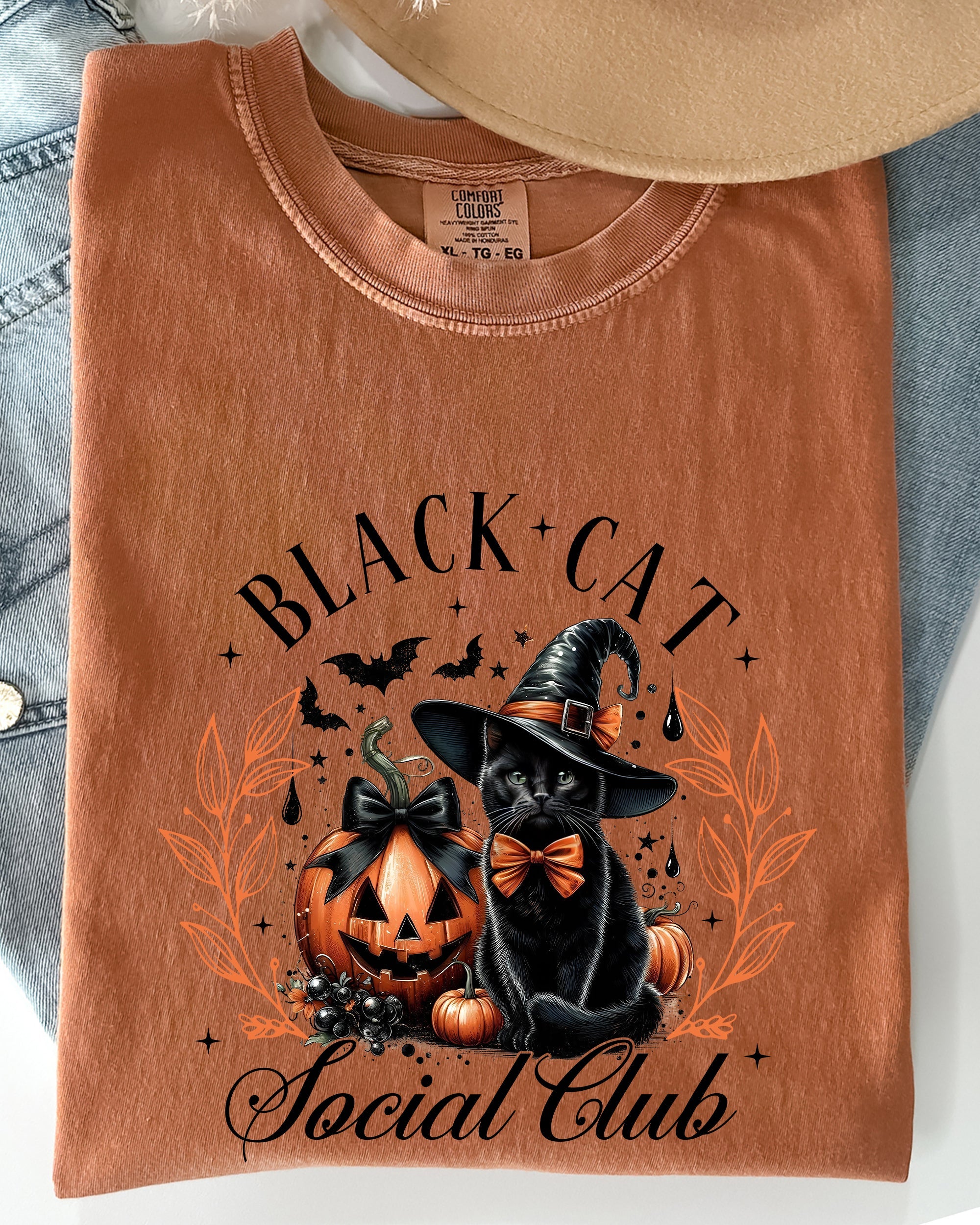 Black Cat Social Club, Coquette, Halloween, Witch, Pumpkin, Jack-o-lantern Shirt Comfort Colors T-Shirt
