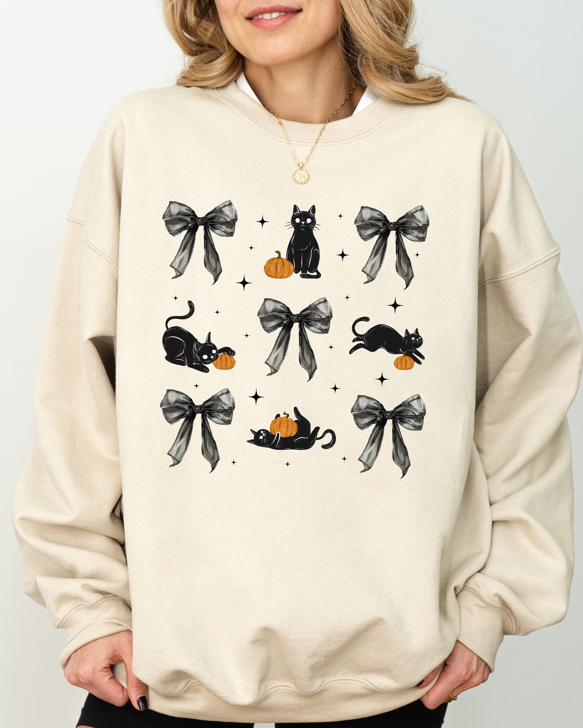 Black Cat, Coquette Ribbons and Bows, Halloween, Cute, Girly, Autumn, Fall Sweatshirt