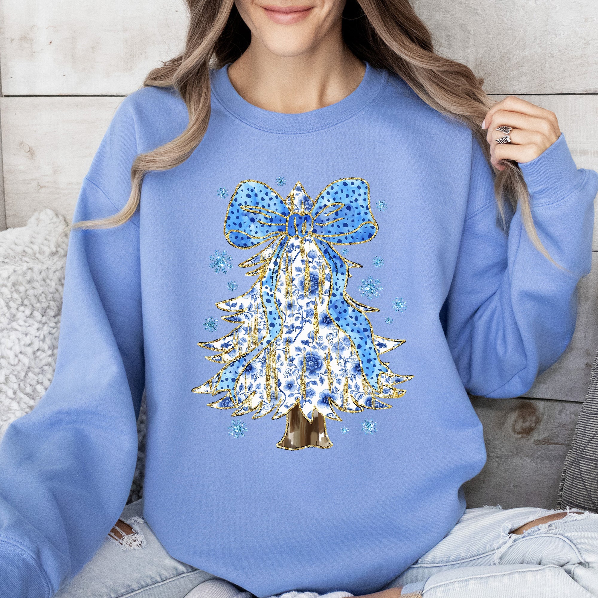 Blue Christmas, Christmas Tree, Bow, Delft, Coquette, Floral, Santa, Classic Sweatshirt