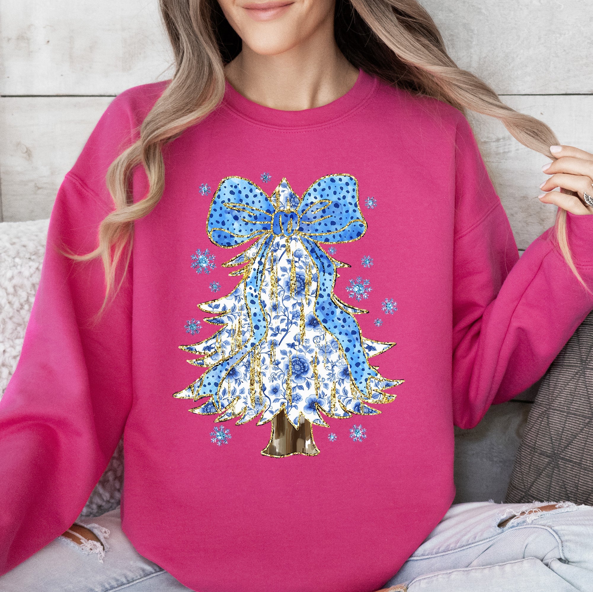 Blue Christmas, Christmas Tree, Bow, Delft, Coquette, Floral, Santa, Classic Sweatshirt