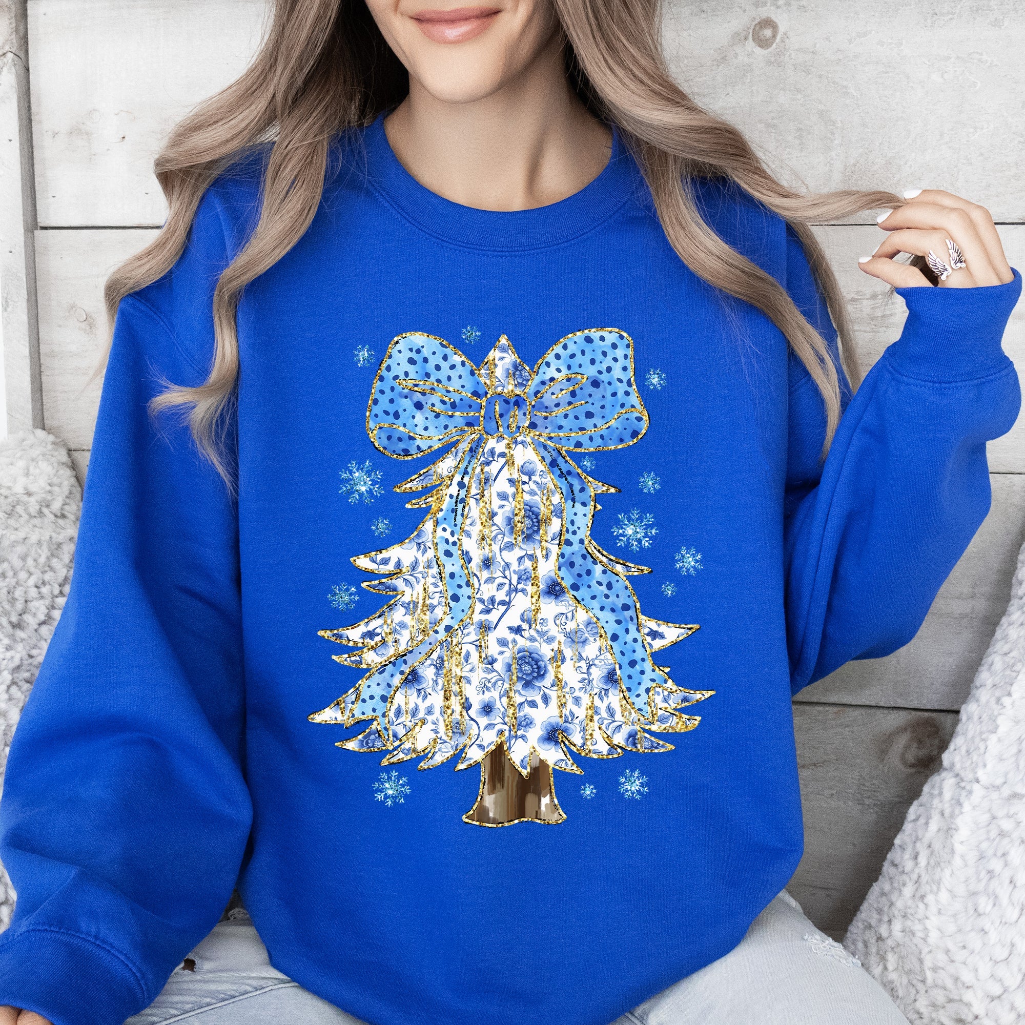 Blue Christmas, Christmas Tree, Bow, Delft, Coquette, Floral, Santa, Classic Sweatshirt