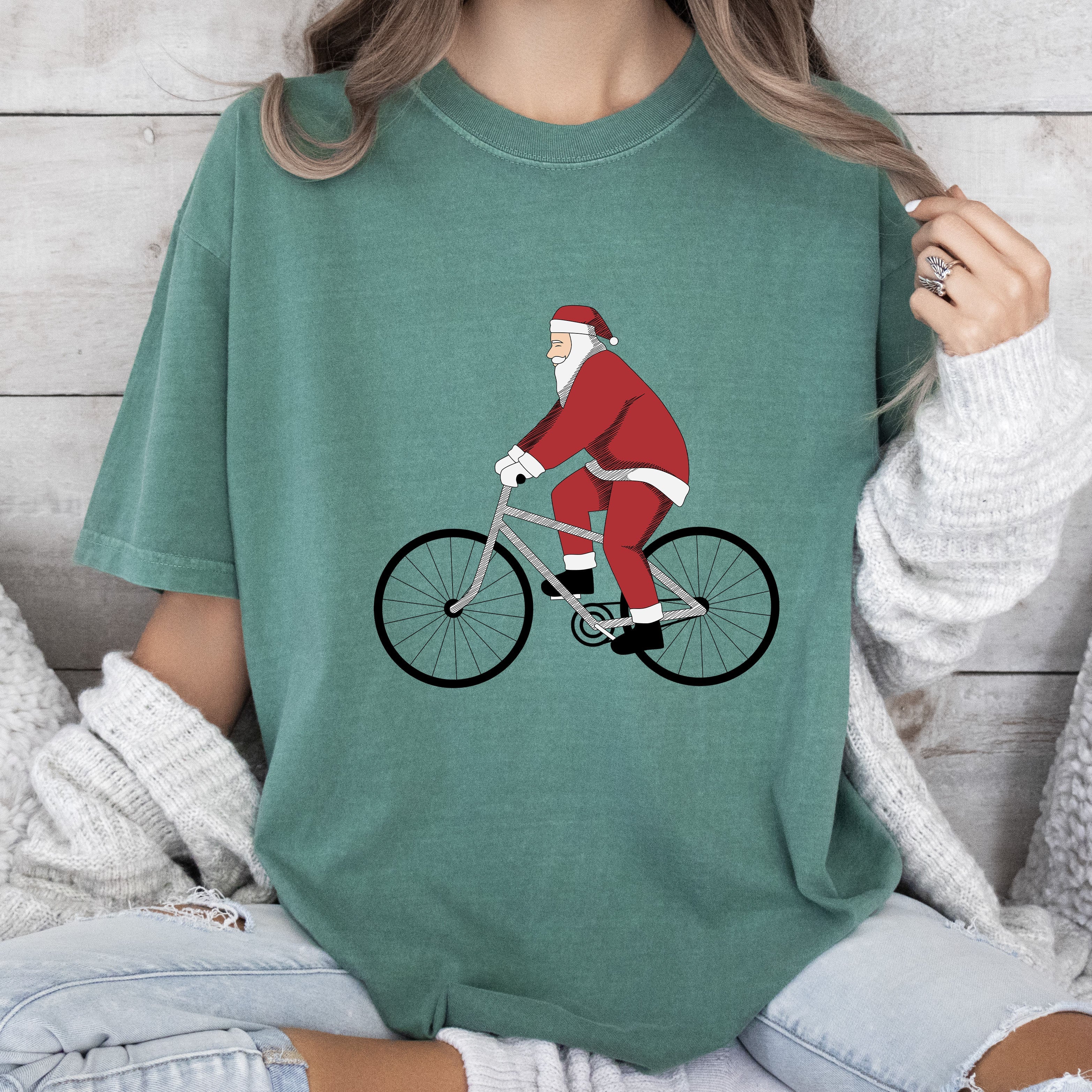 Bicycling Santa Comfort Colors Tshirt, Vintage Santa Tee
