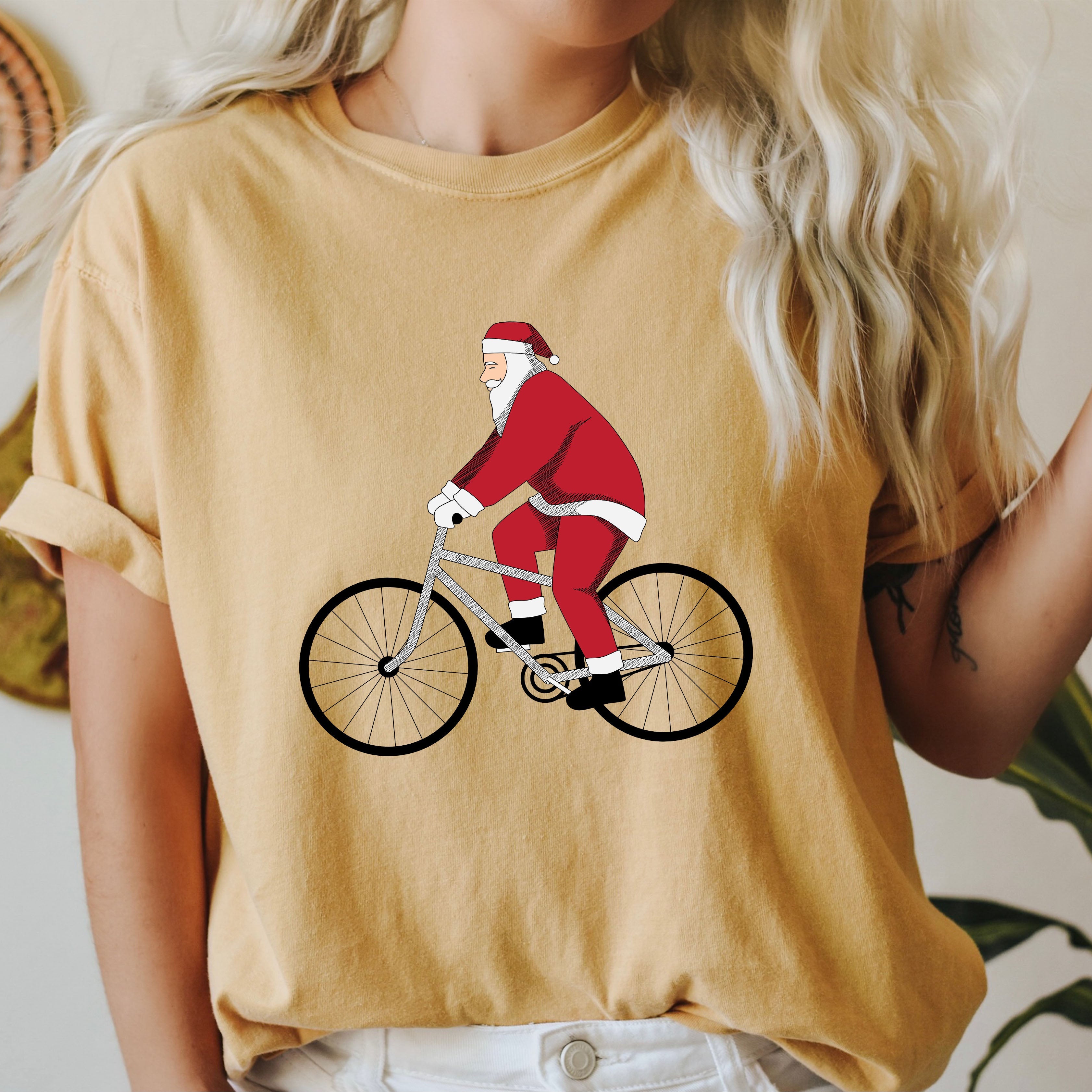 Bicycling Santa Comfort Colors Tshirt, Vintage Santa Tee