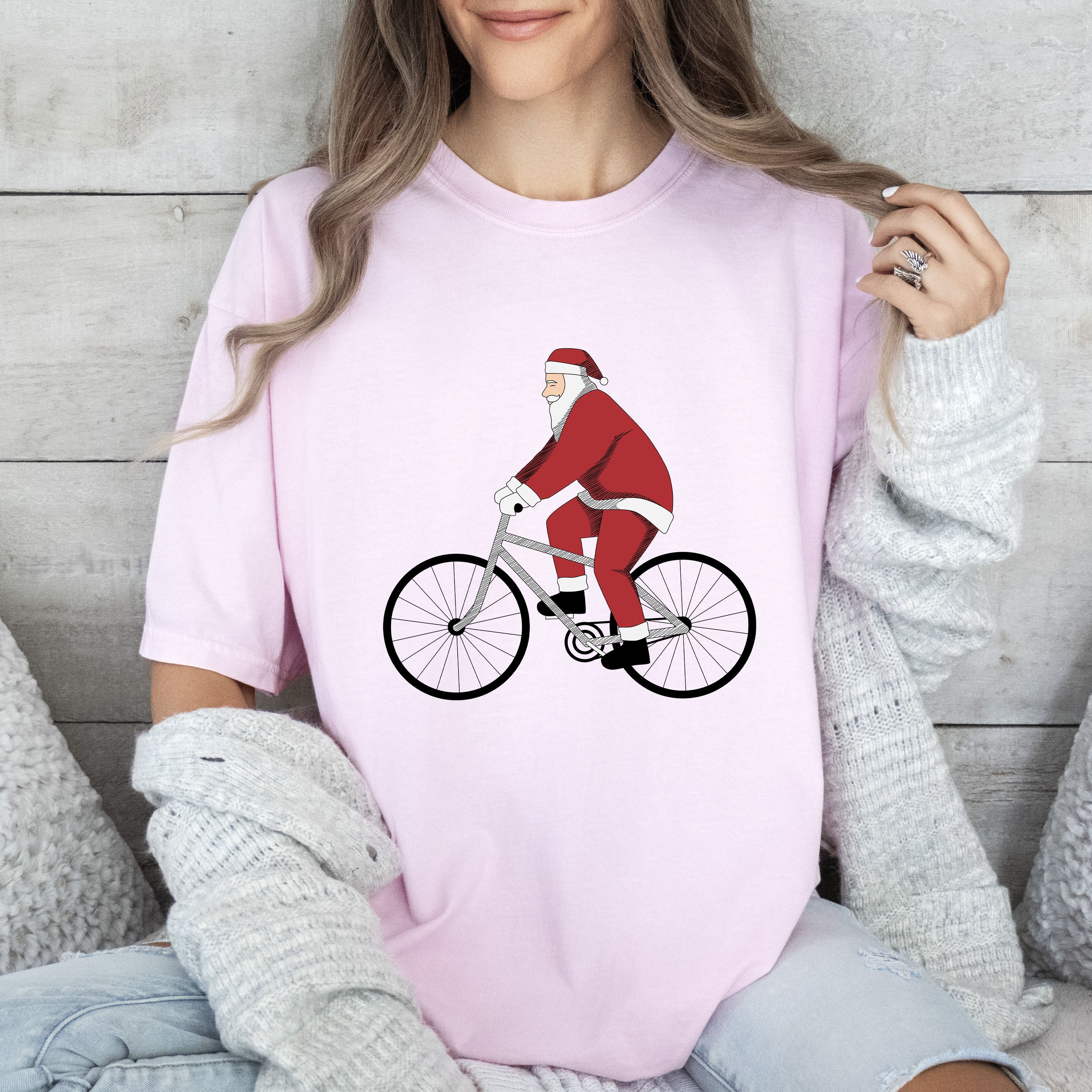 Bicycling Santa Comfort Colors Tshirt, Vintage Santa Tee