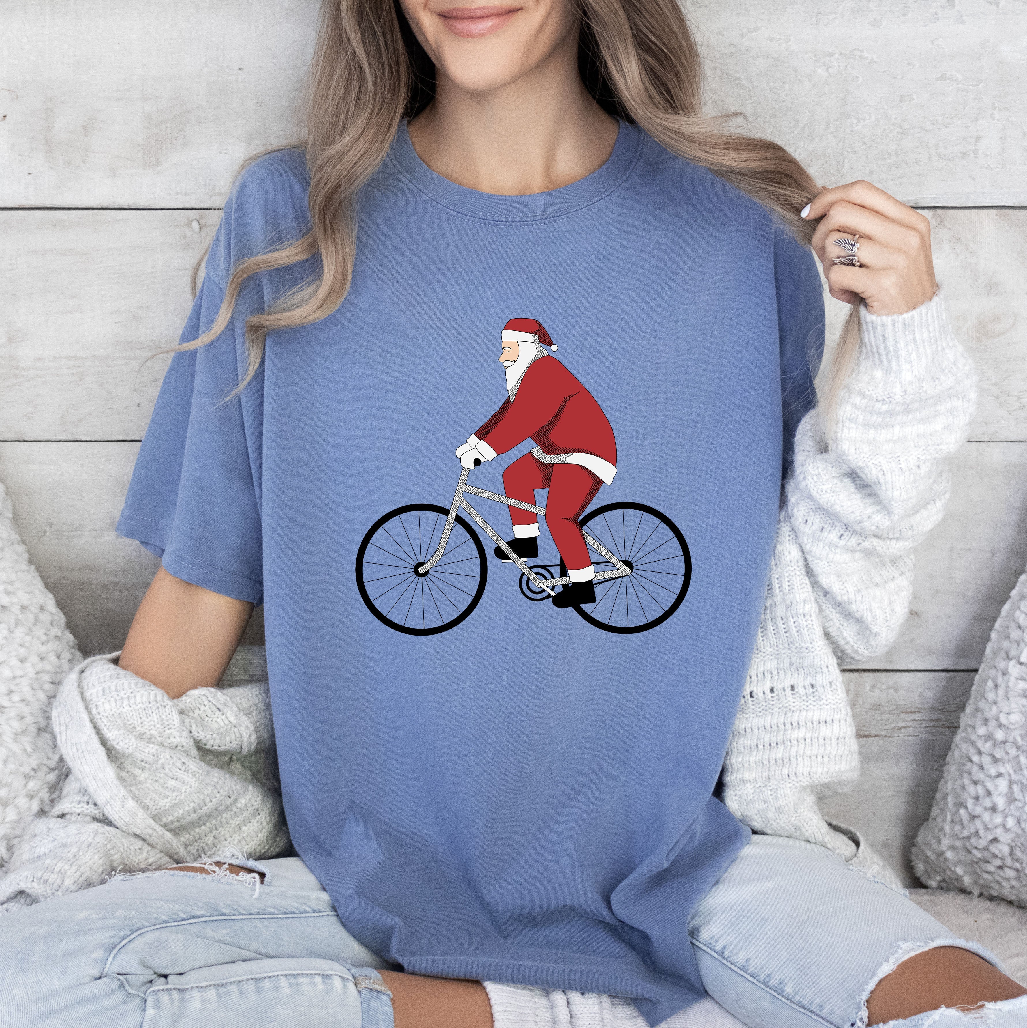 Bicycling Santa Comfort Colors Tshirt, Vintage Santa Tee