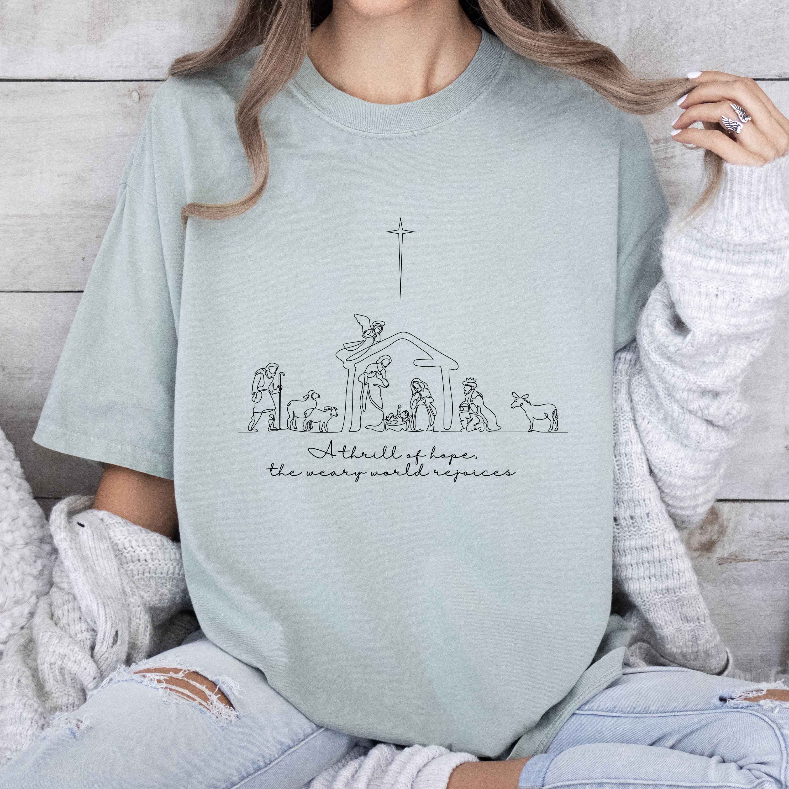 A Thrill of Hope Nativity Comfort Colors Tshirt, Vintage Christmas Tee