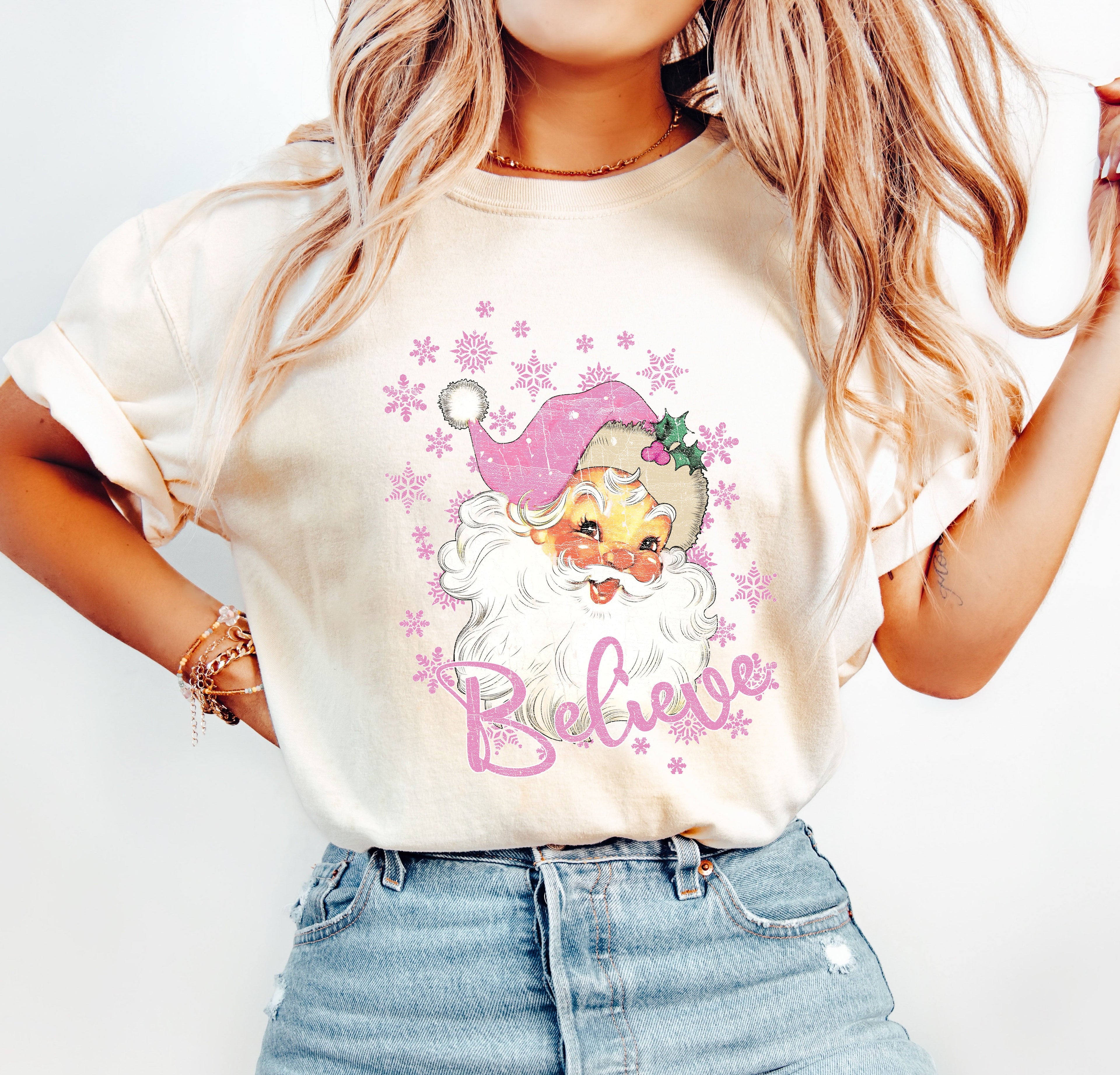 Believe Pink Santa Christmas Comfort Colors Tshirt, Vintage Christmas Shirt