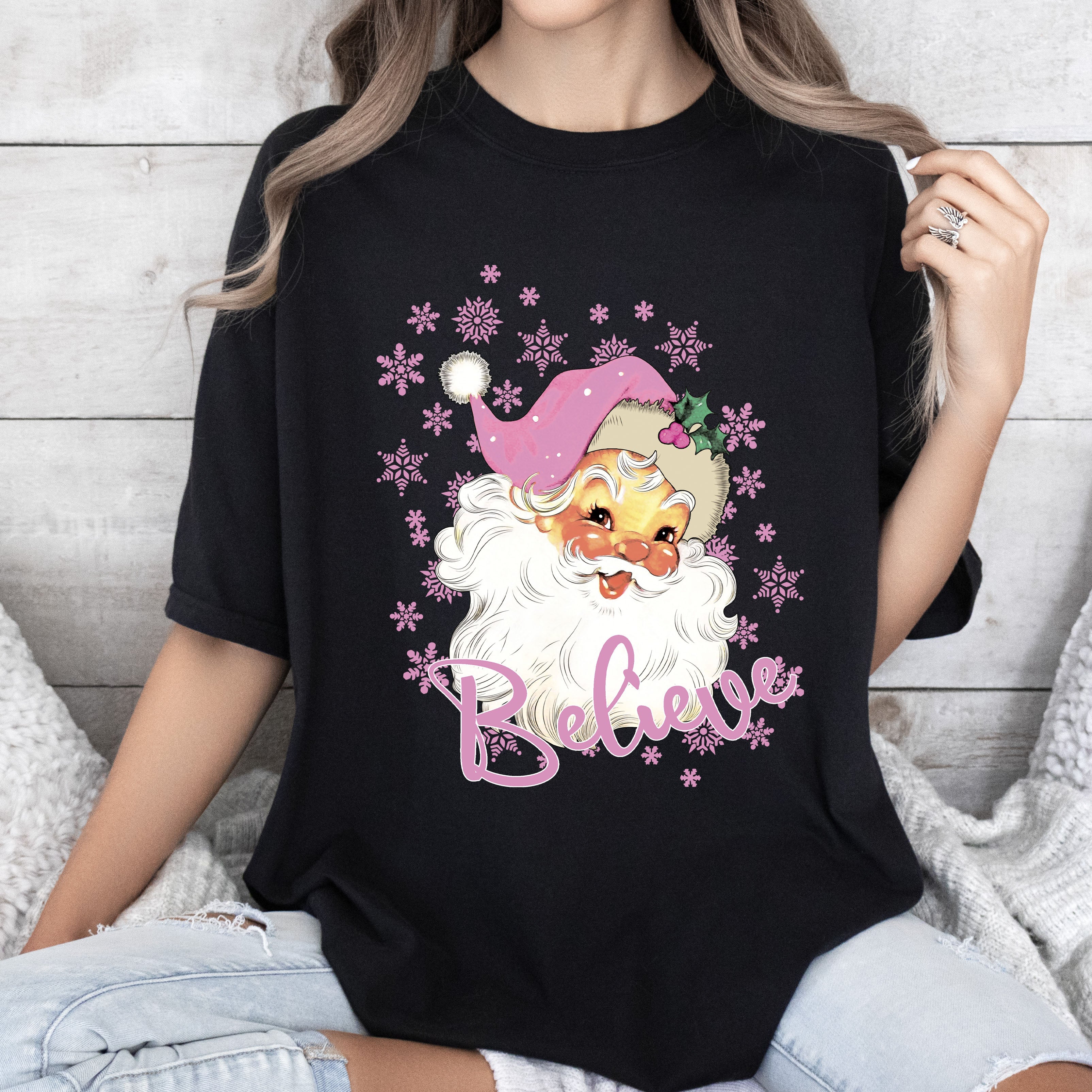 Believe Pink Santa Christmas Comfort Colors Tshirt, Vintage Christmas Shirt