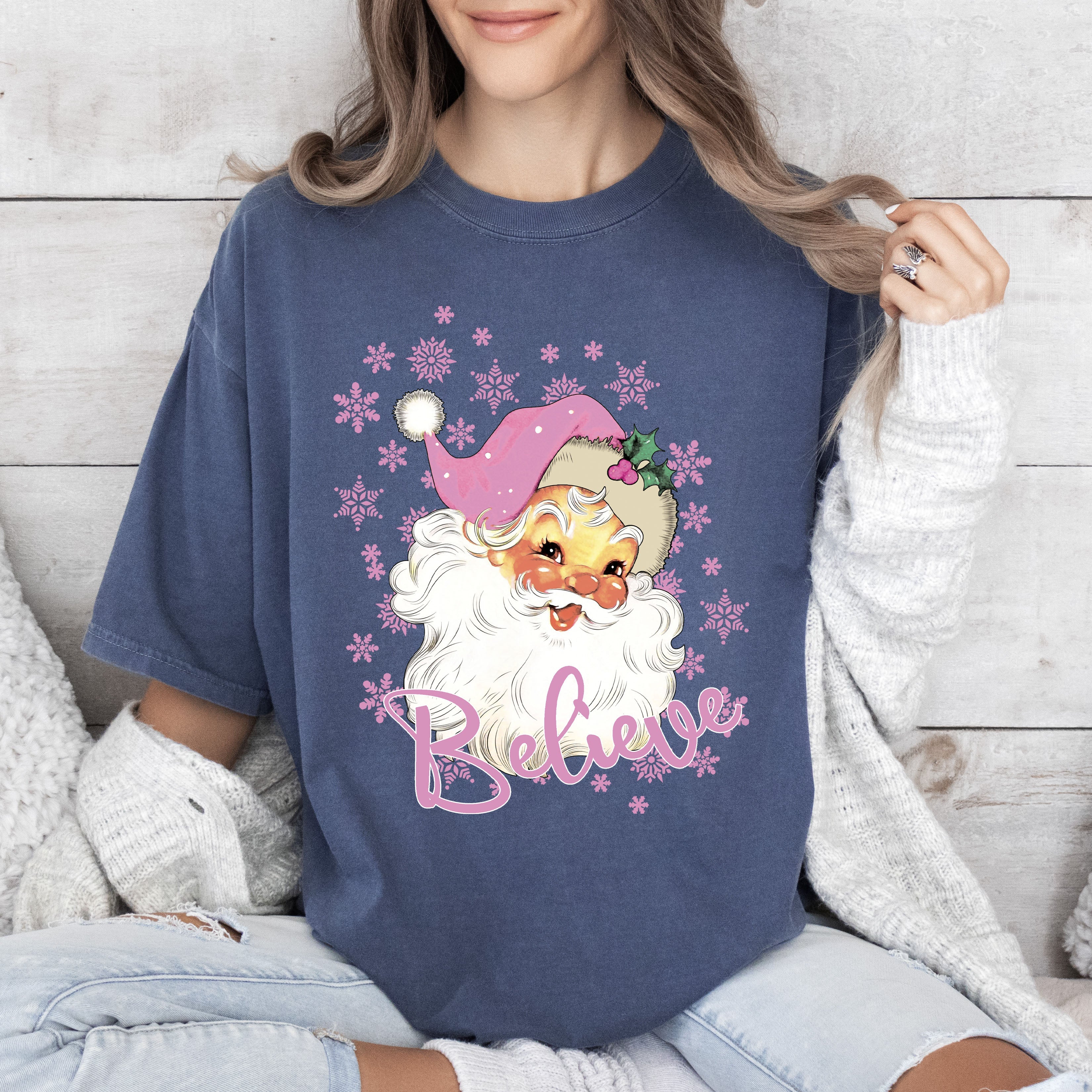 Believe Pink Santa Christmas Comfort Colors Tshirt, Vintage Christmas Shirt