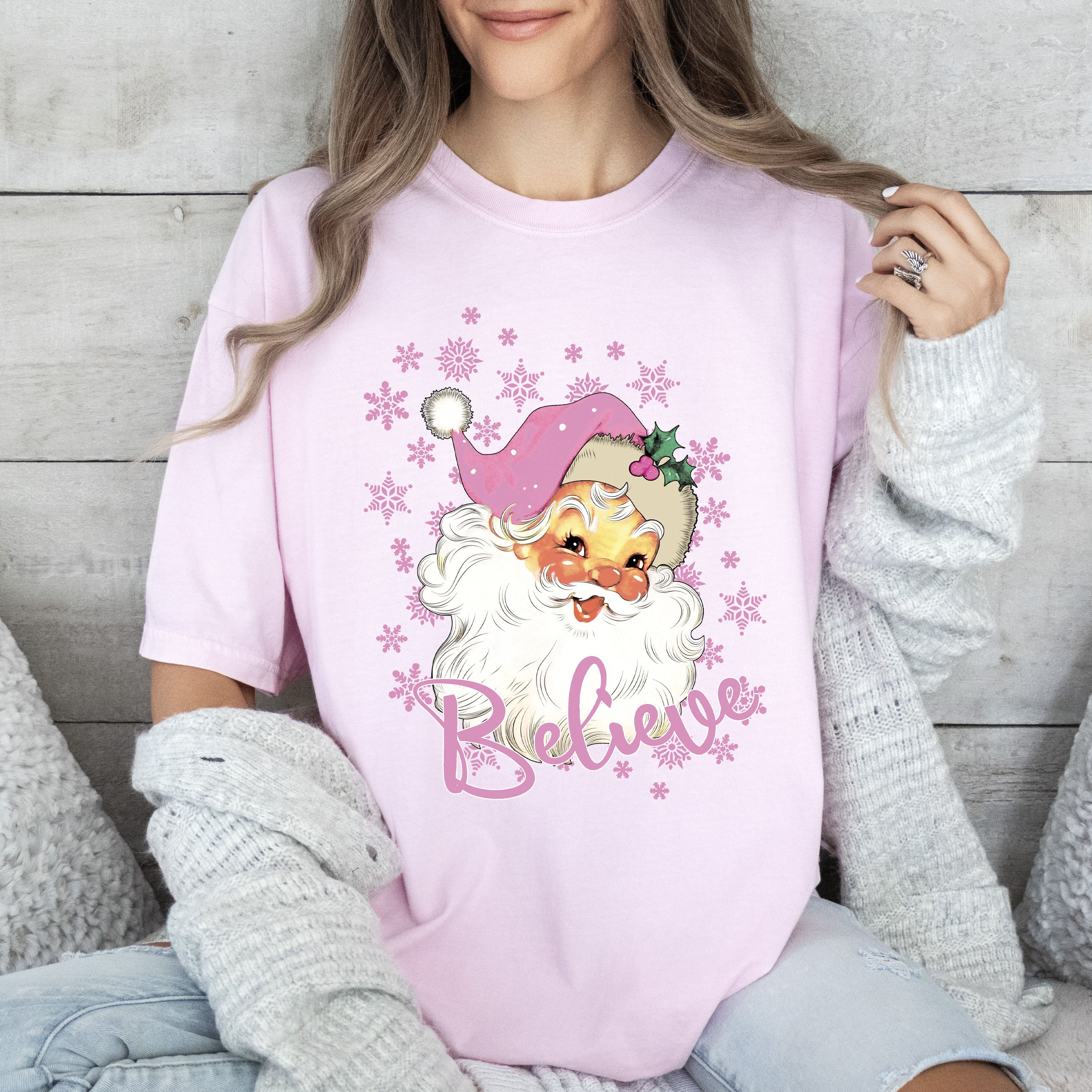 Believe Pink Santa Christmas Comfort Colors Tshirt, Vintage Christmas Shirt