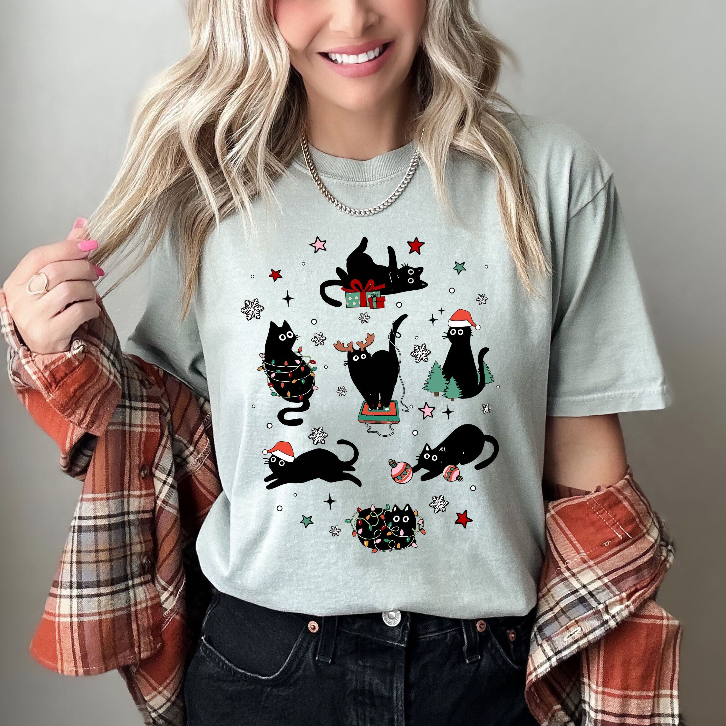 Black Cats with Santa Hat Retro Comfort Colors Tee, Vintage Classic Christmas Tshirt