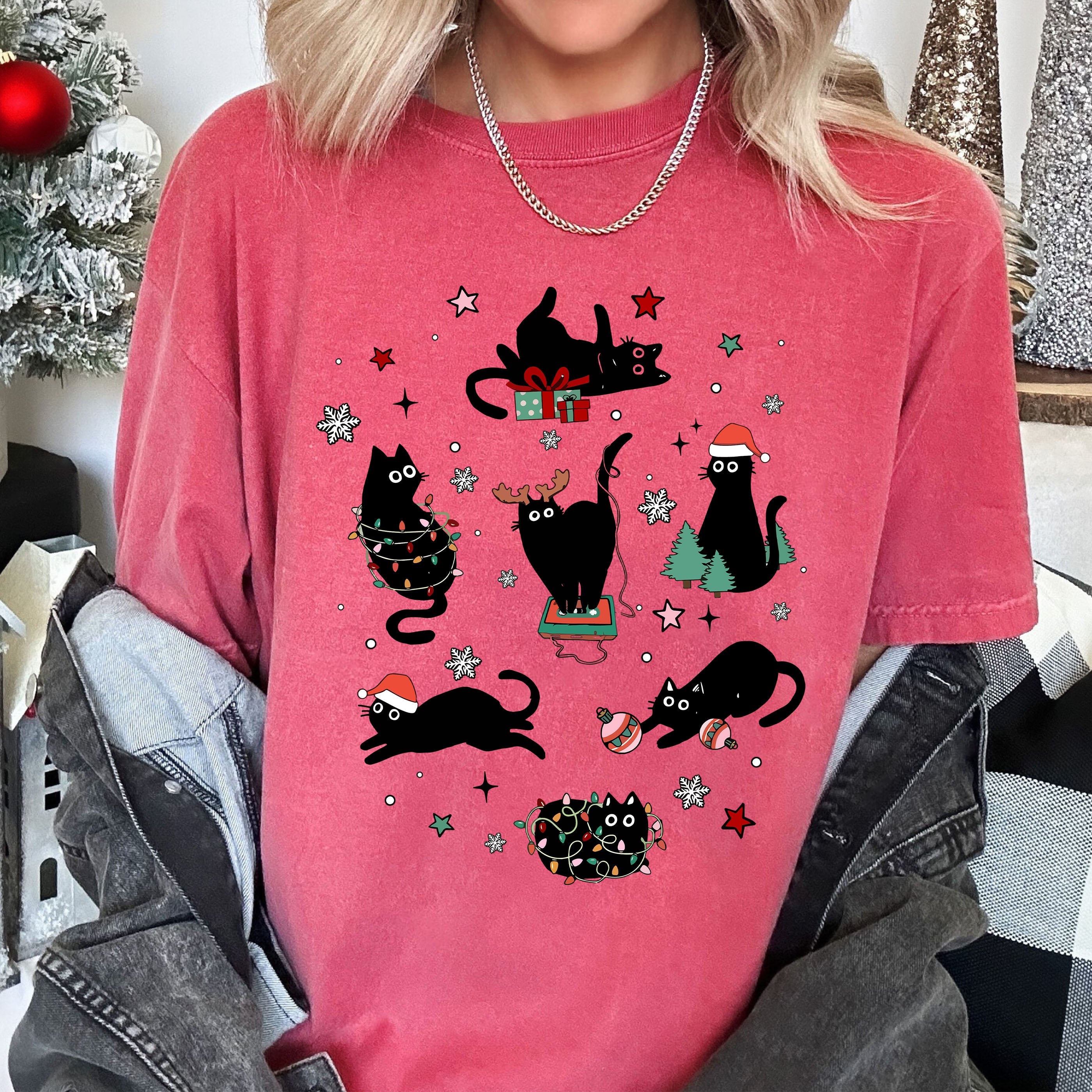 Black Cats with Santa Hat Retro Comfort Colors Tee, Vintage Classic Christmas Tshirt