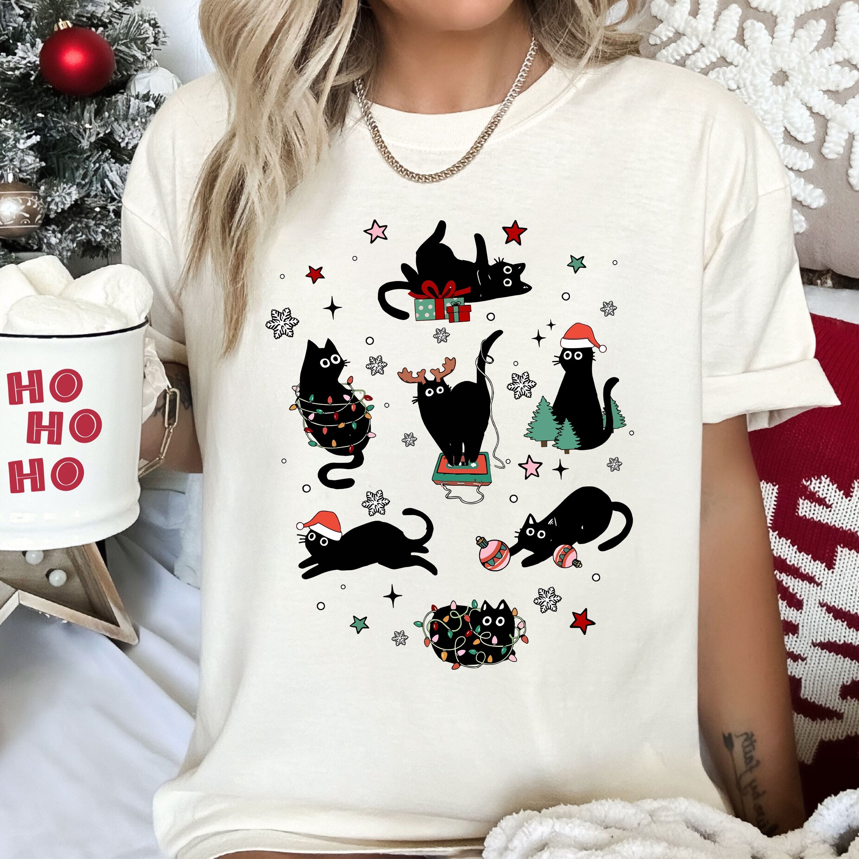 Black Cats with Santa Hat Retro Comfort Colors Tee, Vintage Classic Christmas Tshirt