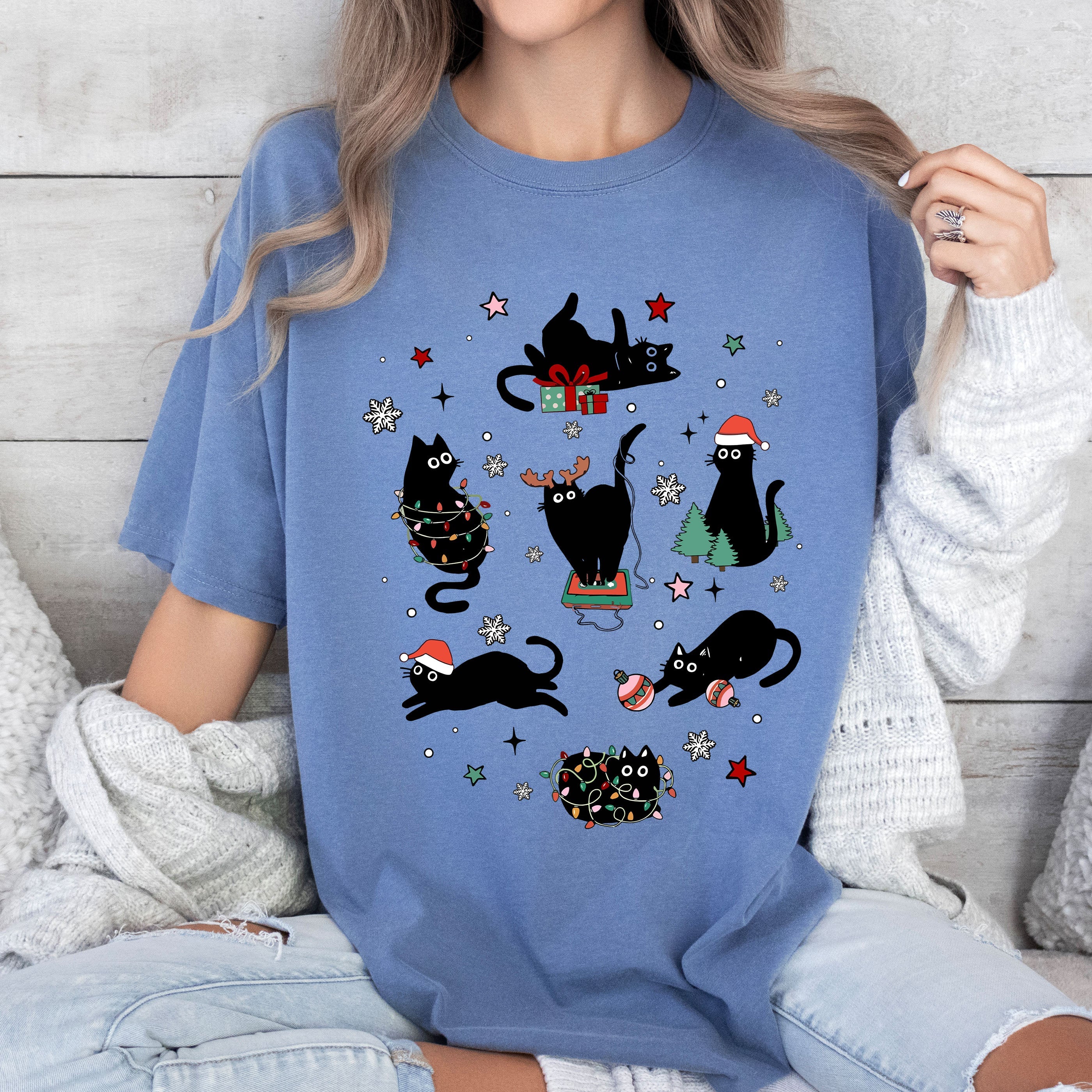 Black Cats with Santa Hat Retro Comfort Colors Tee, Vintage Classic Christmas Tshirt