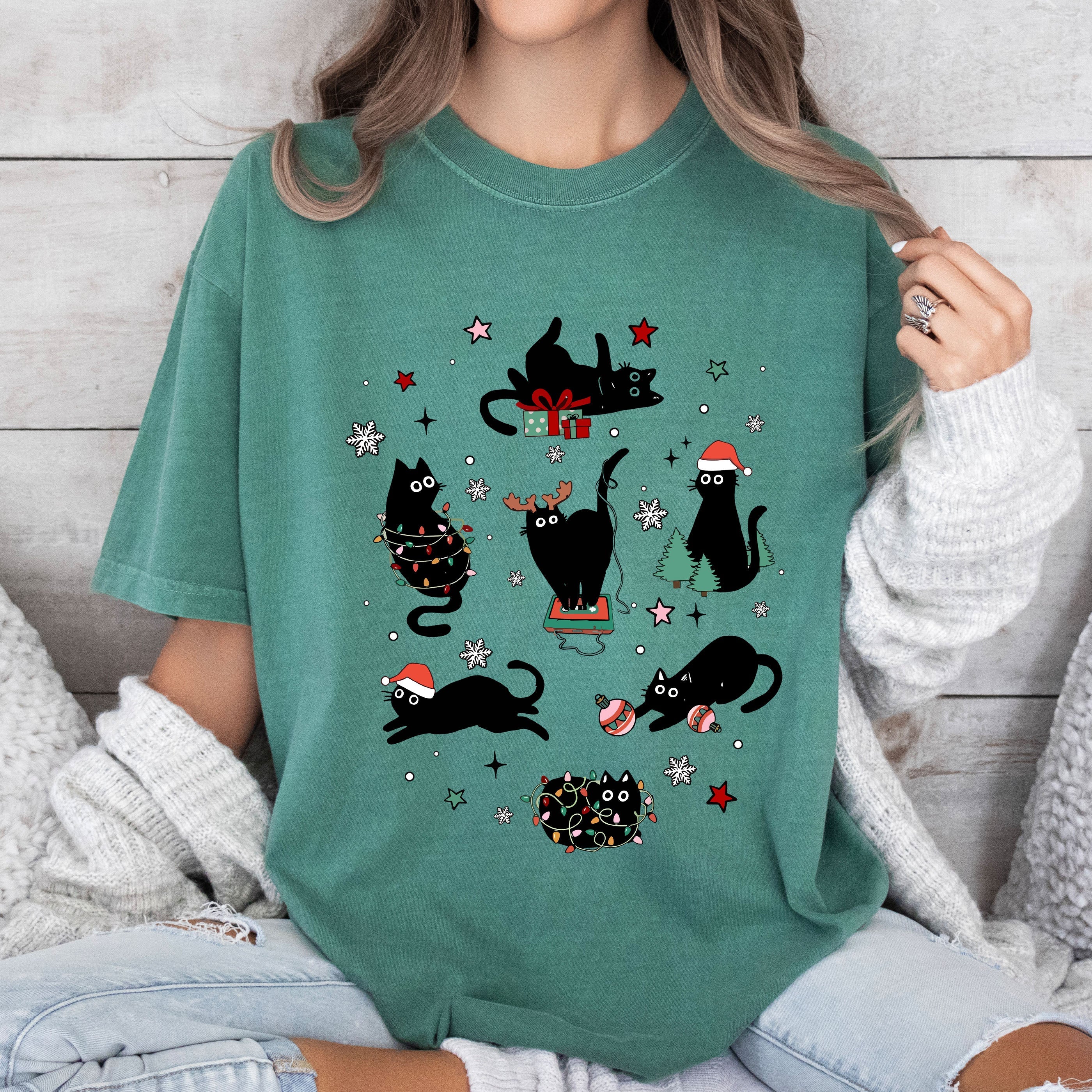 Black Cats with Santa Hat Retro Comfort Colors Tee, Vintage Classic Christmas Tshirt