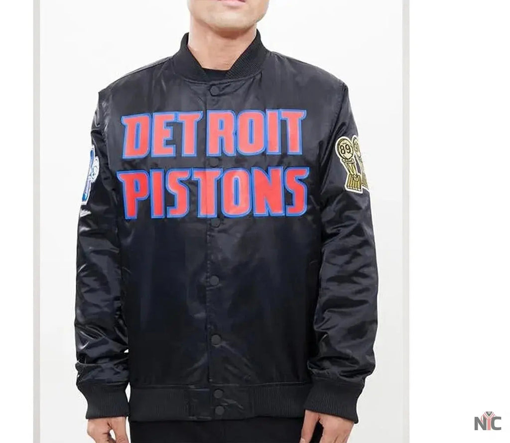 Detroit Pistons Big Logo Black Satin Jacket Clanton Jacket