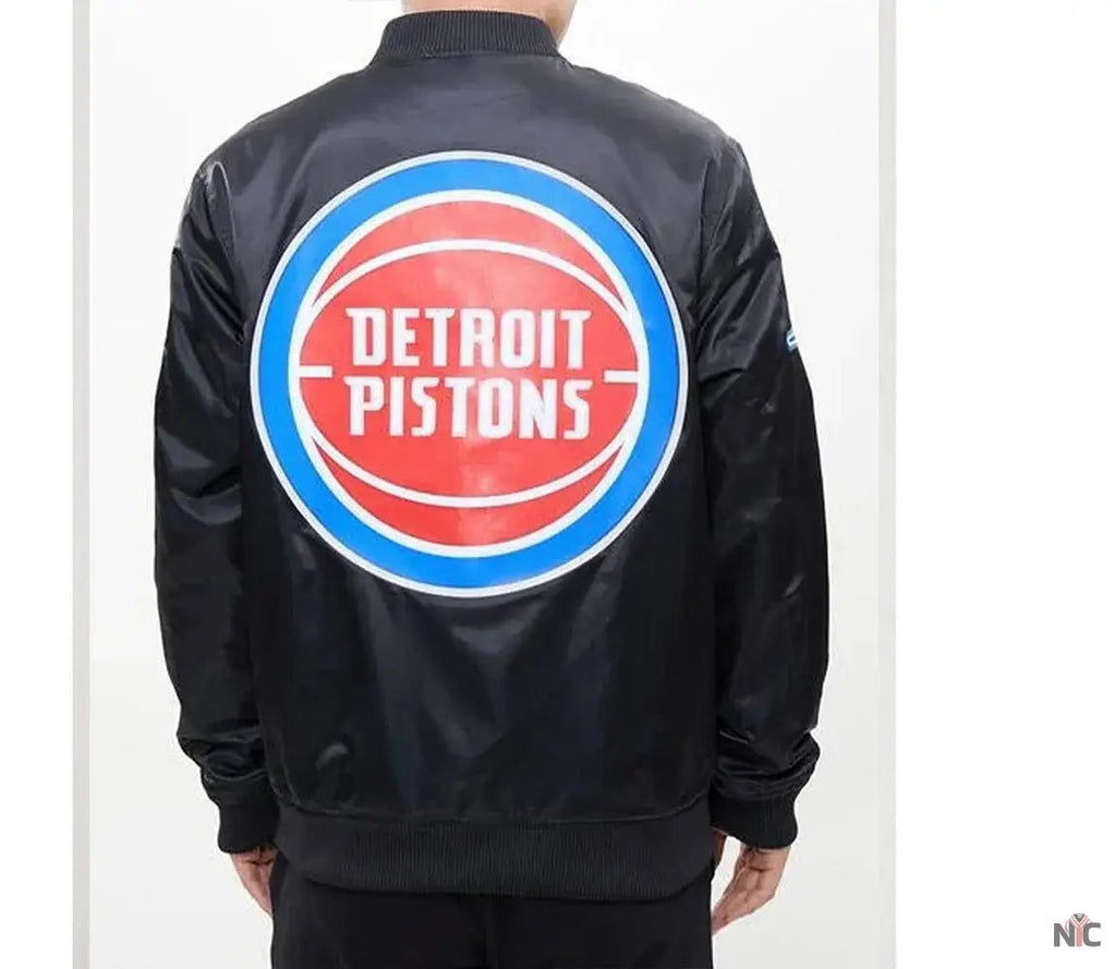 Detroit Pistons Big Logo Black Satin Jacket Clanton Jacket