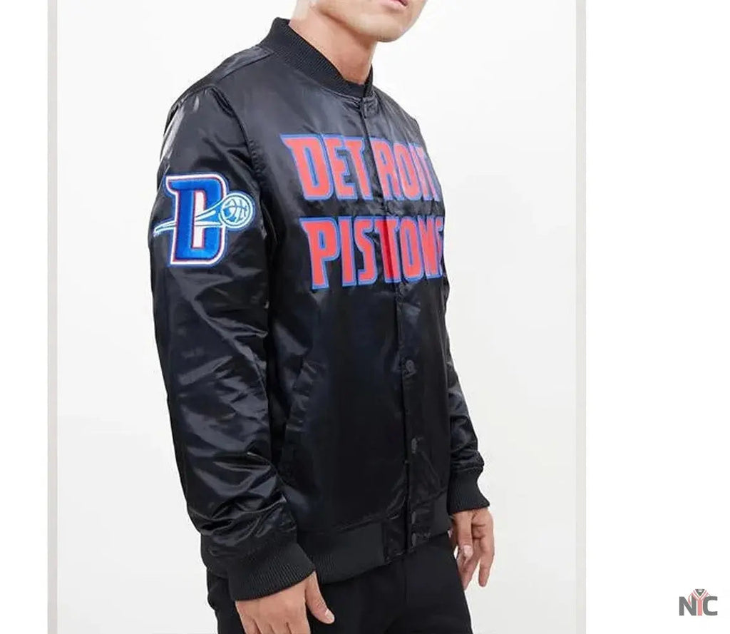 Detroit Pistons Big Logo Black Satin Jacket Clanton Jacket
