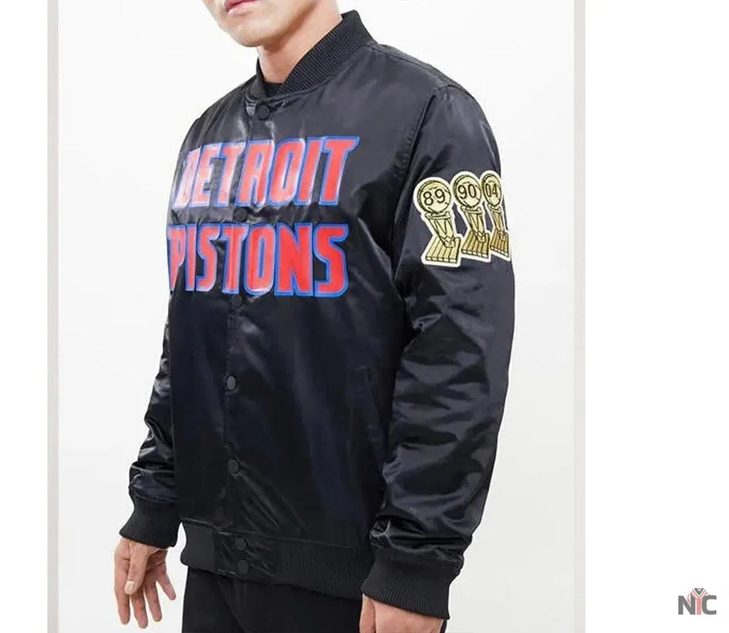 Detroit Pistons Big Logo Black Satin Jacket Clanton Jacket