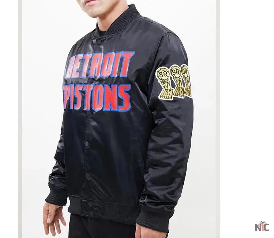 Detroit Pistons Big Logo Black Satin Jacket Clanton Jacket