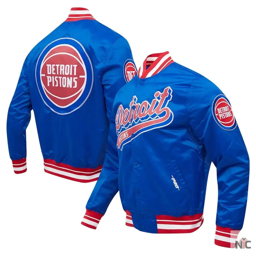 Detroit Pistons Script Tail Blue Satin Varsity Jacket Clanton Jacket