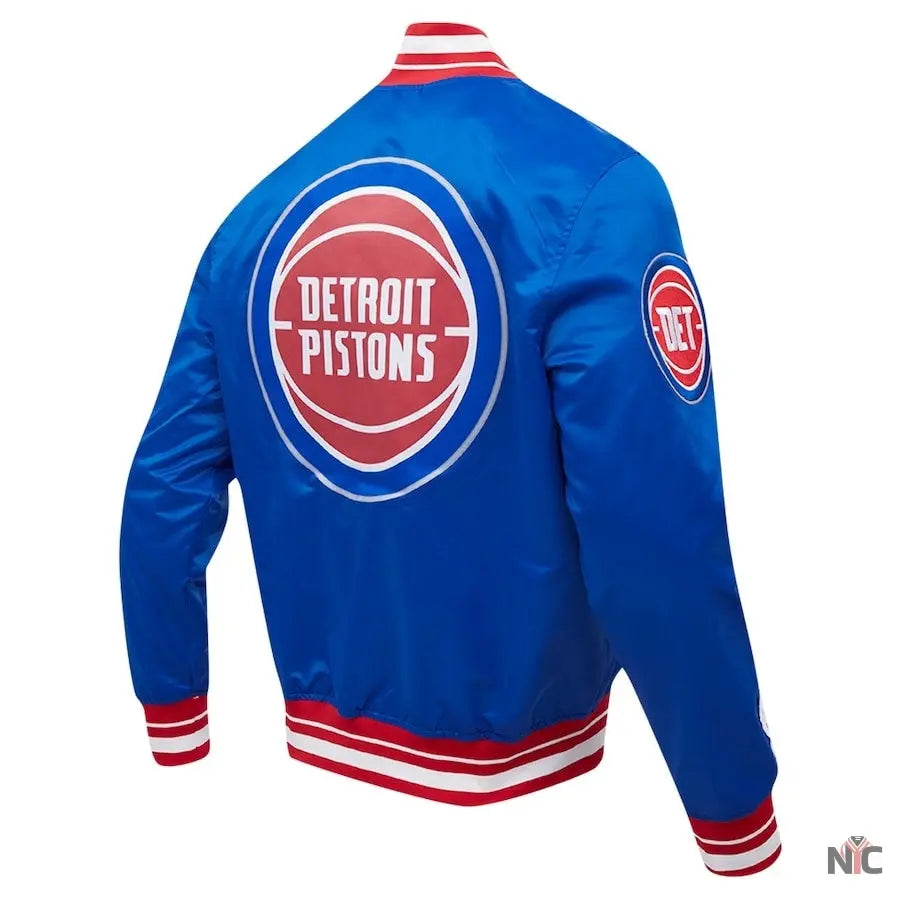 Detroit Pistons Script Tail Blue Satin Varsity Jacket Clanton Jacket