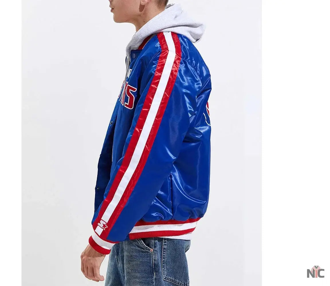 Detroit Pistons Striped Varsity Blue Satin Jacket Clanton Jacket