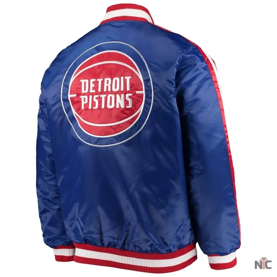 Detroit Pistons Striped Varsity Blue Satin Jacket Clanton Jacket