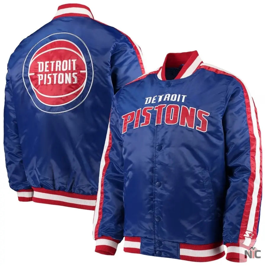 Detroit Pistons Striped Varsity Blue Satin Jacket Clanton Jacket