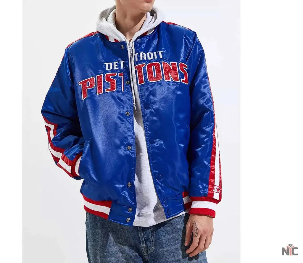 Detroit Pistons Striped Varsity Blue Satin Jacket Clanton Jacket