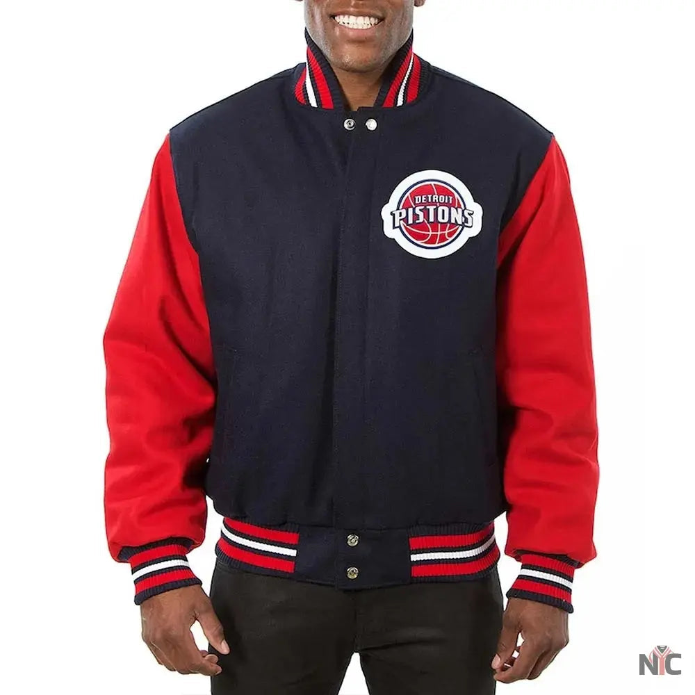Detroit Pistons Two-Tone Navy/Red Varsity Wool Jacket Clanton Jacket