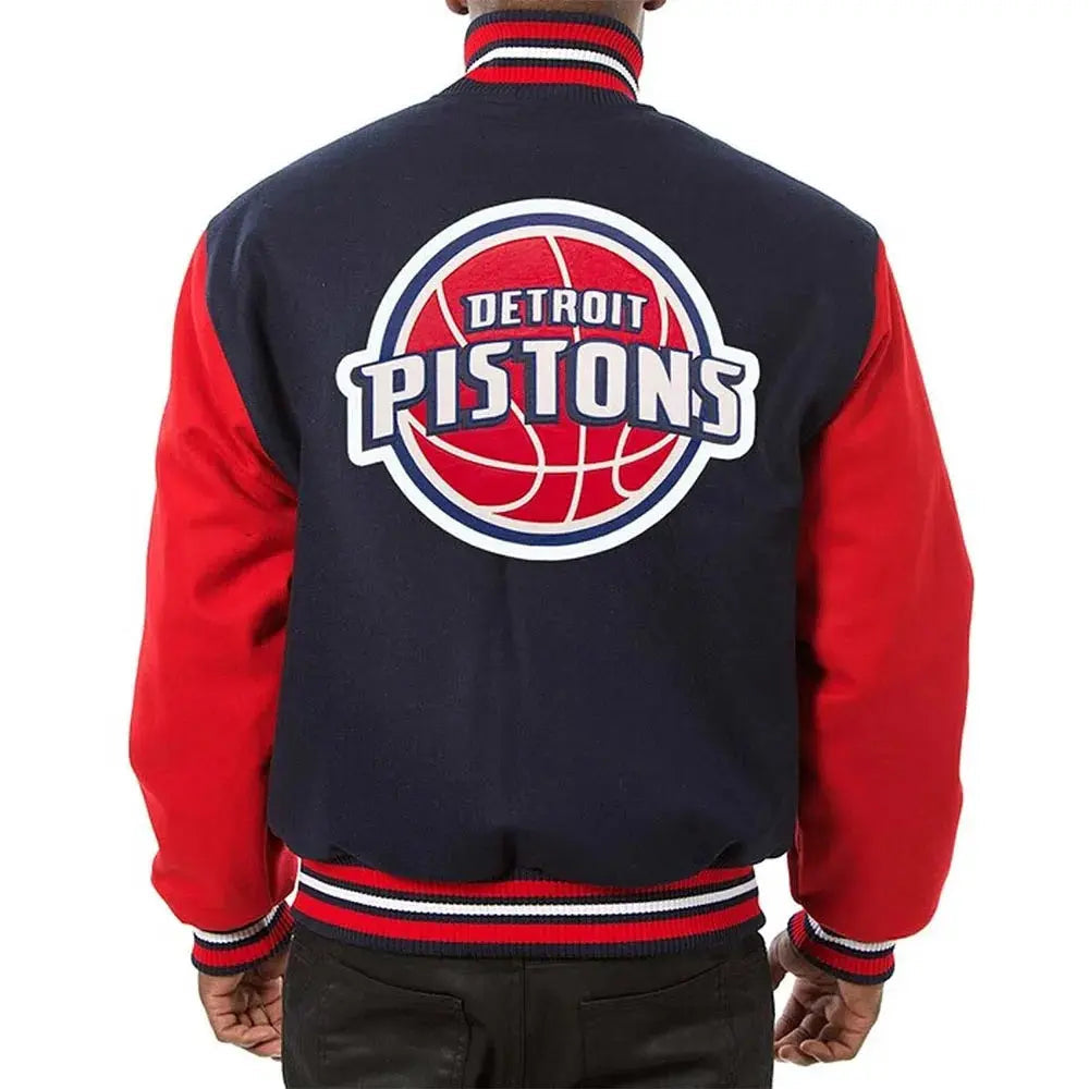 Detroit Pistons Two-Tone Navy/Red Varsity Wool Jacket Clanton Jacket